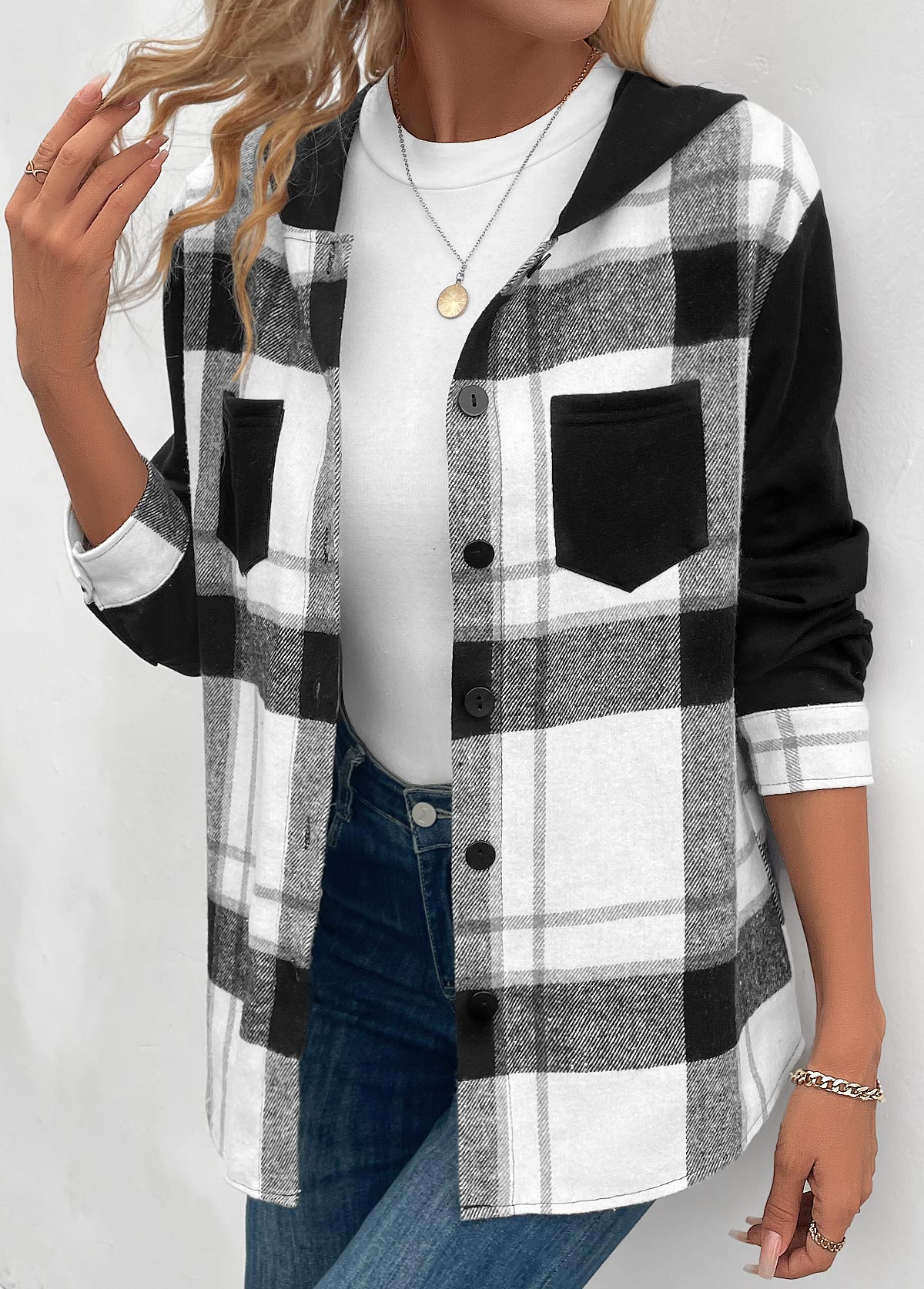 Black Patchwork Plaid Long Sleeve Hooded Coat | picture 