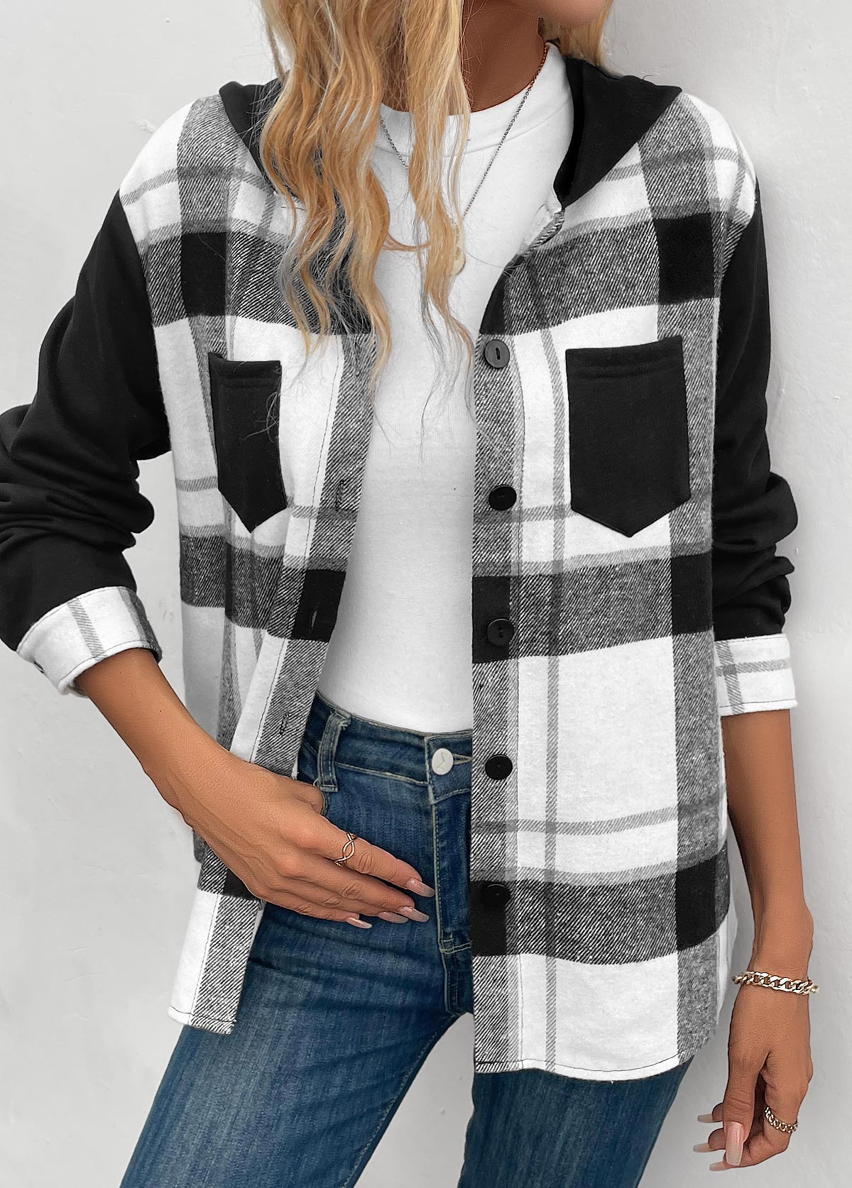 Black Patchwork Plaid Long Sleeve Hooded Coat | picture 
