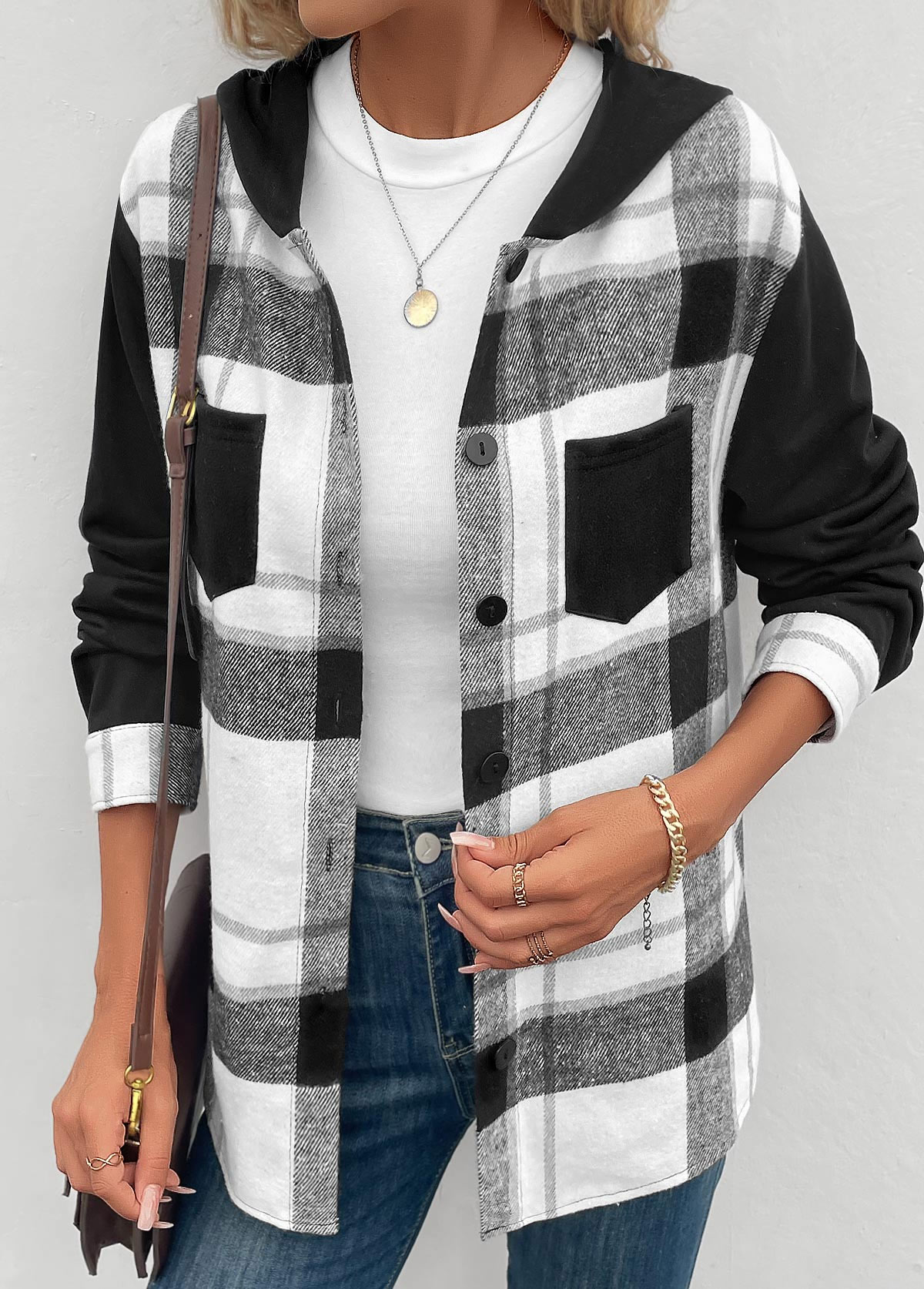 Black Patchwork Plaid Long Sleeve Hooded Coat | picture 