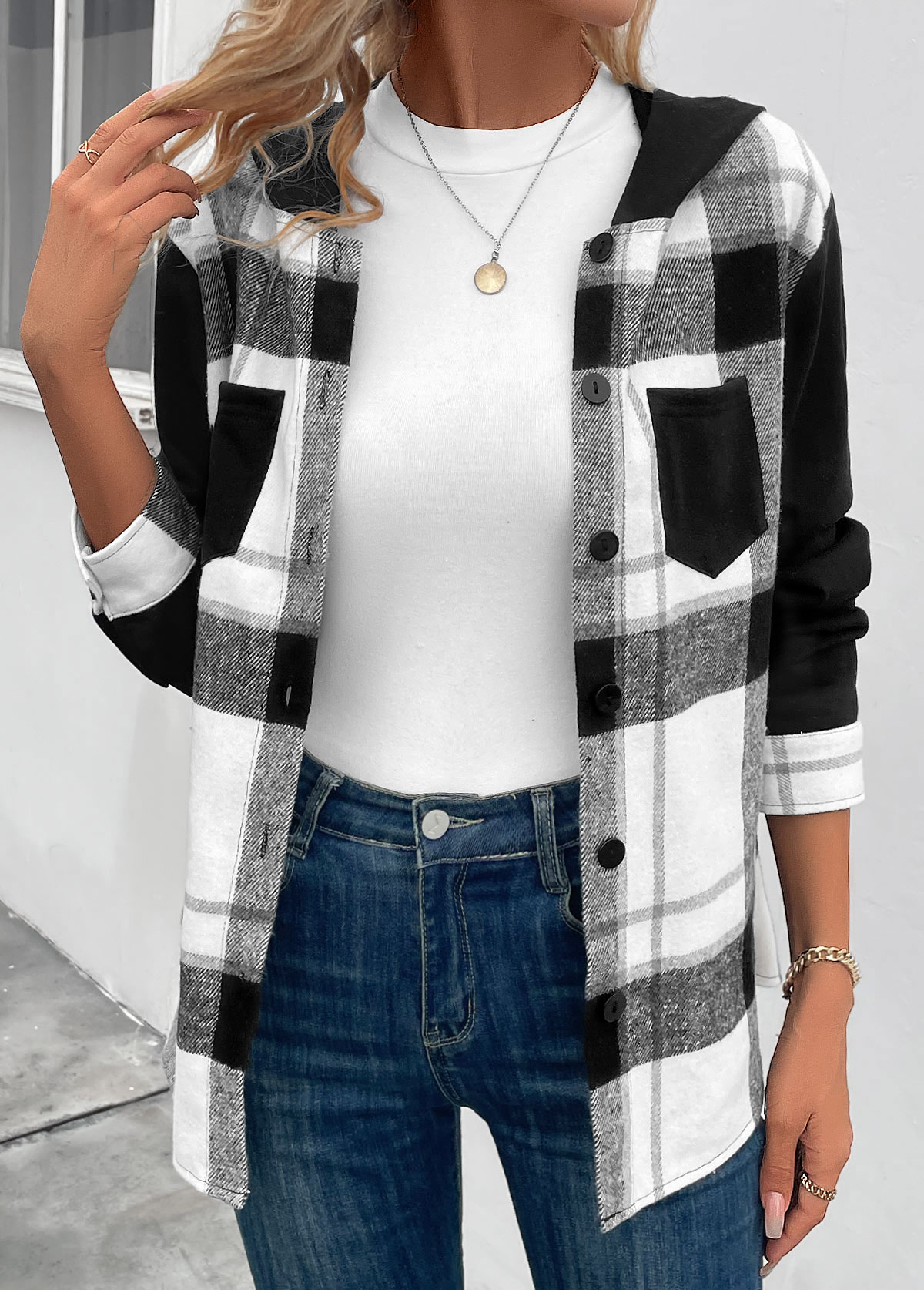 Black Patchwork Plaid Long Sleeve Hooded Coat | picture 