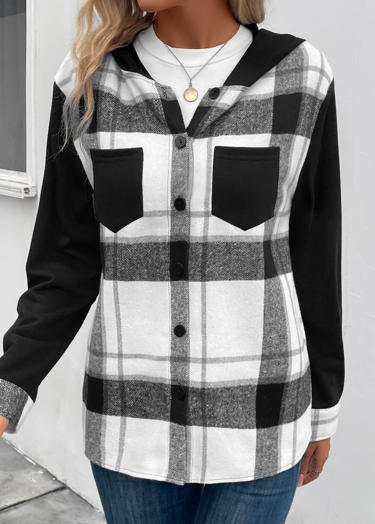 Black Patchwork Plaid Long Sleeve Hooded Coat | picture 