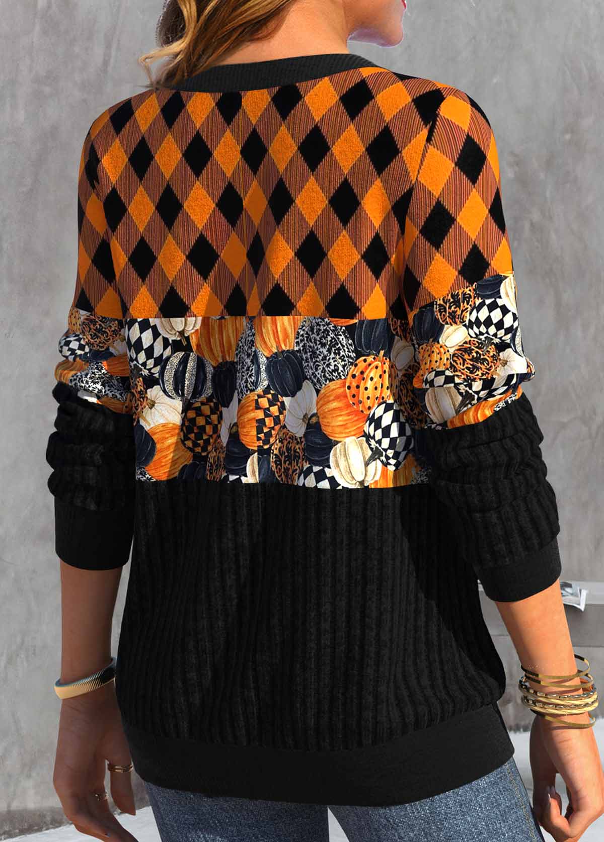 Halloween Orange Patchwork Pumpkin Print Long Sleeve Sweatshirt