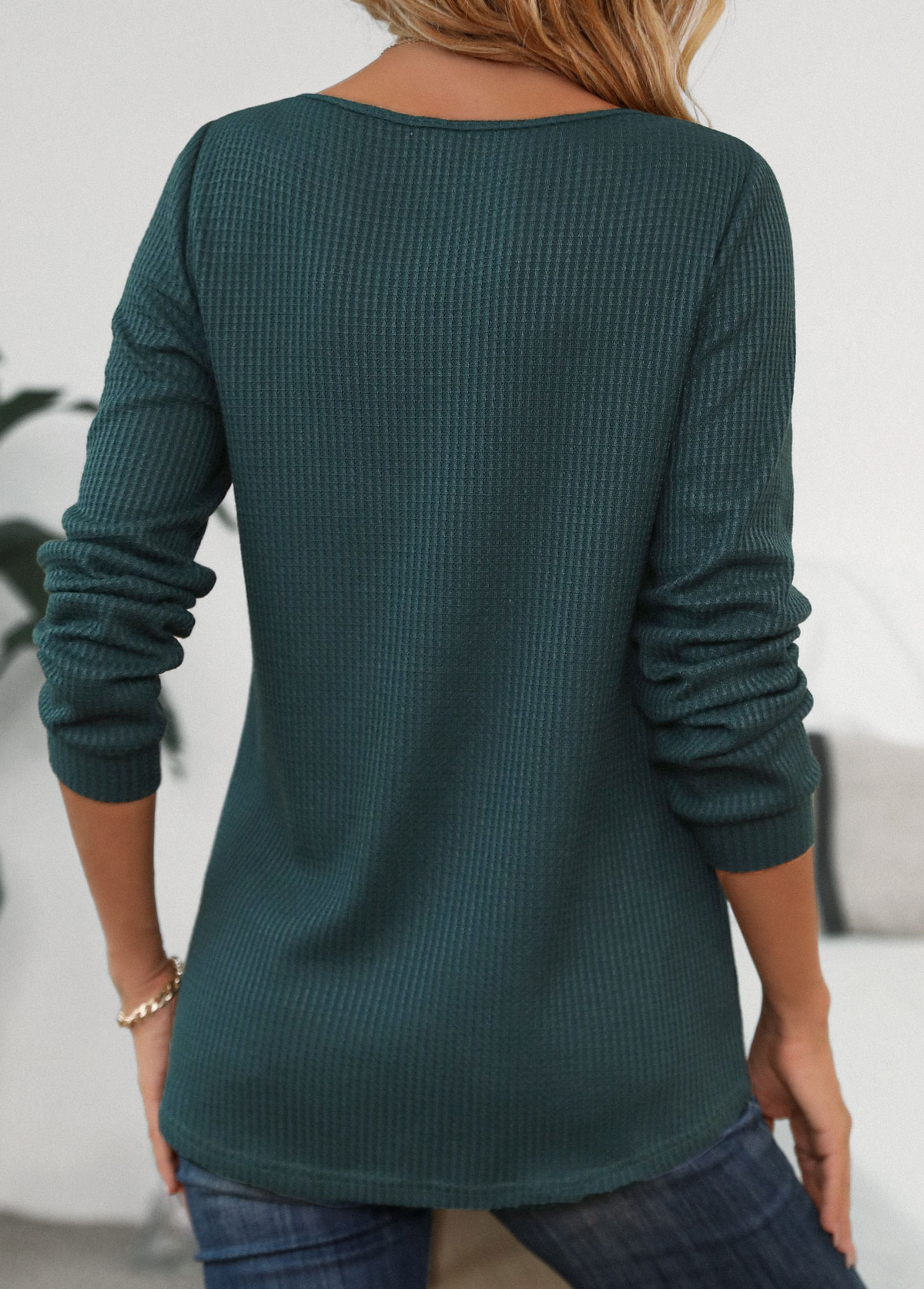 Blackish Green Patchwork Long Sleeve Scoop Neck T Shirt