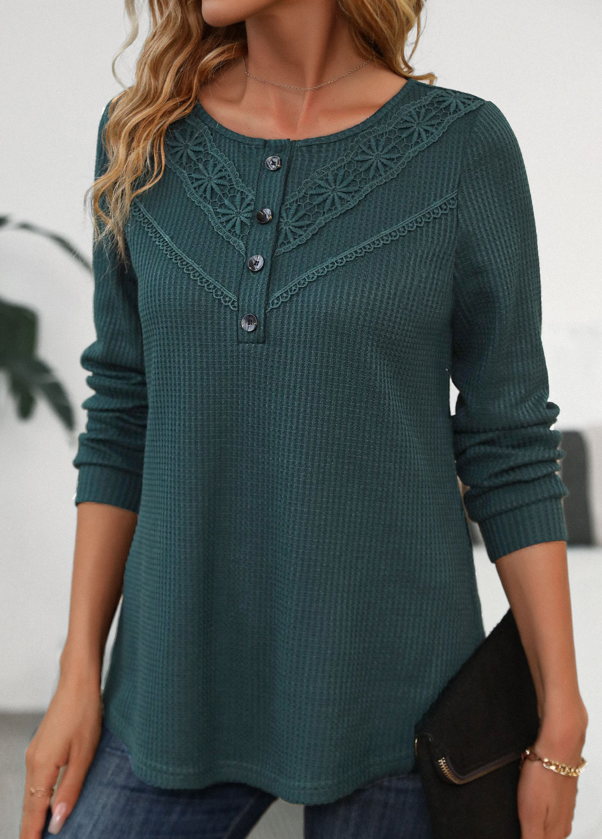 Blackish Green Patchwork Long Sleeve Scoop Neck T Shirt | modlily.com - USD 33.98