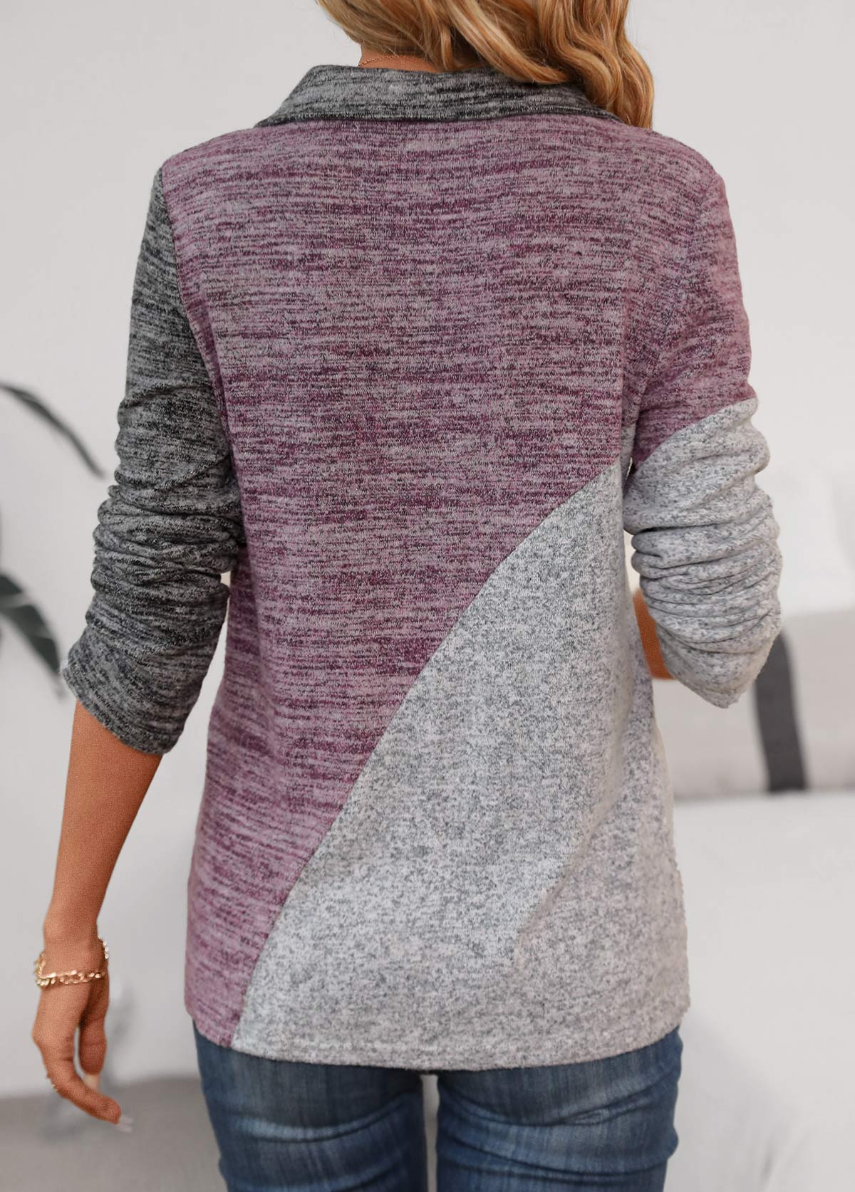 Grey Asymmetry Long Sleeve Shirt Collar Blouse