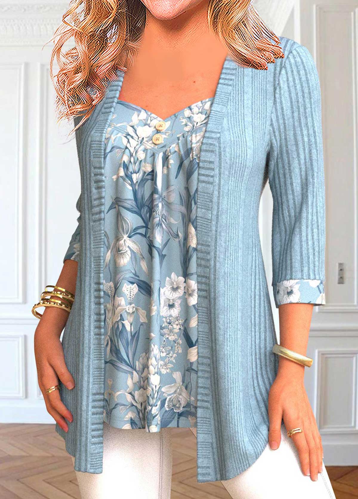 Dusty Blue Patchwork Floral Print Fake Two Piece Twinset | picture 