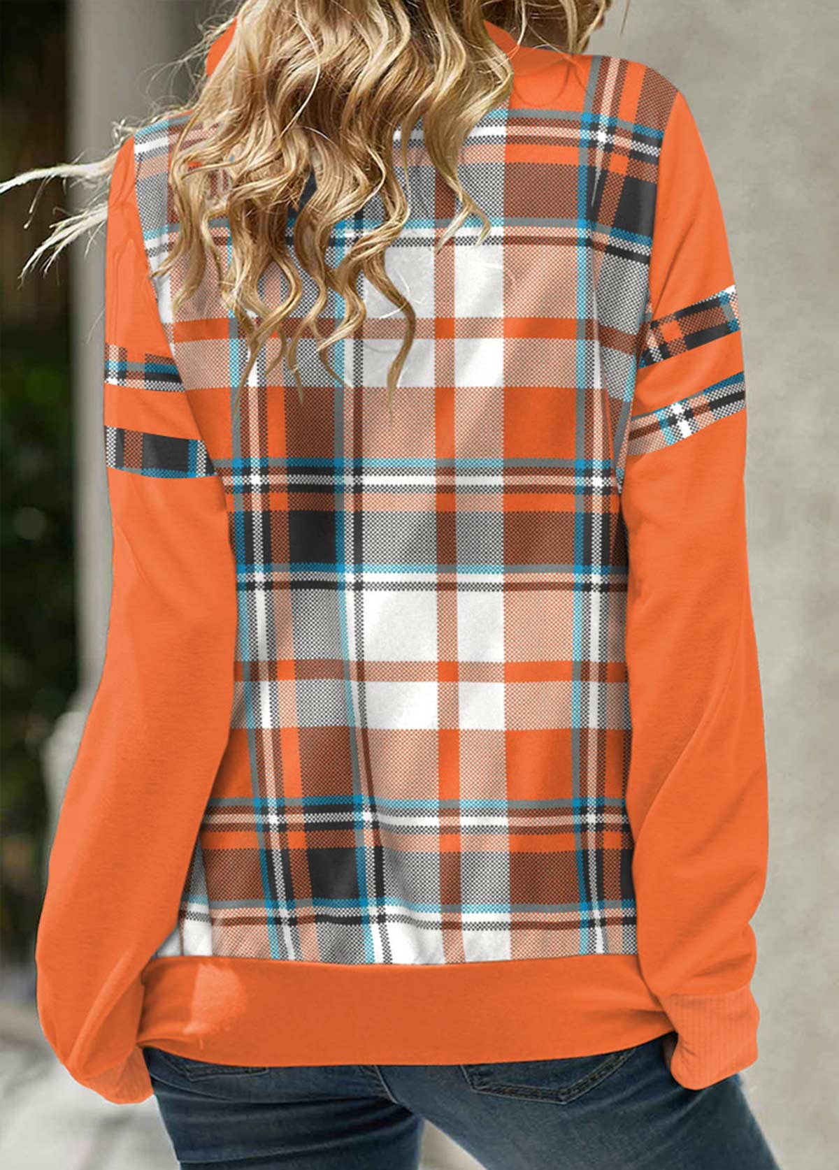 Orange Patchwork Plaid Long Sleeve Cowl Neck Sweatshirt
