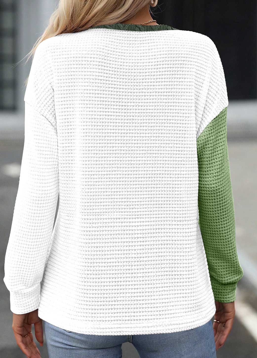 Blackish Green Patchwork Long Sleeve Round Neck Sweatshirt