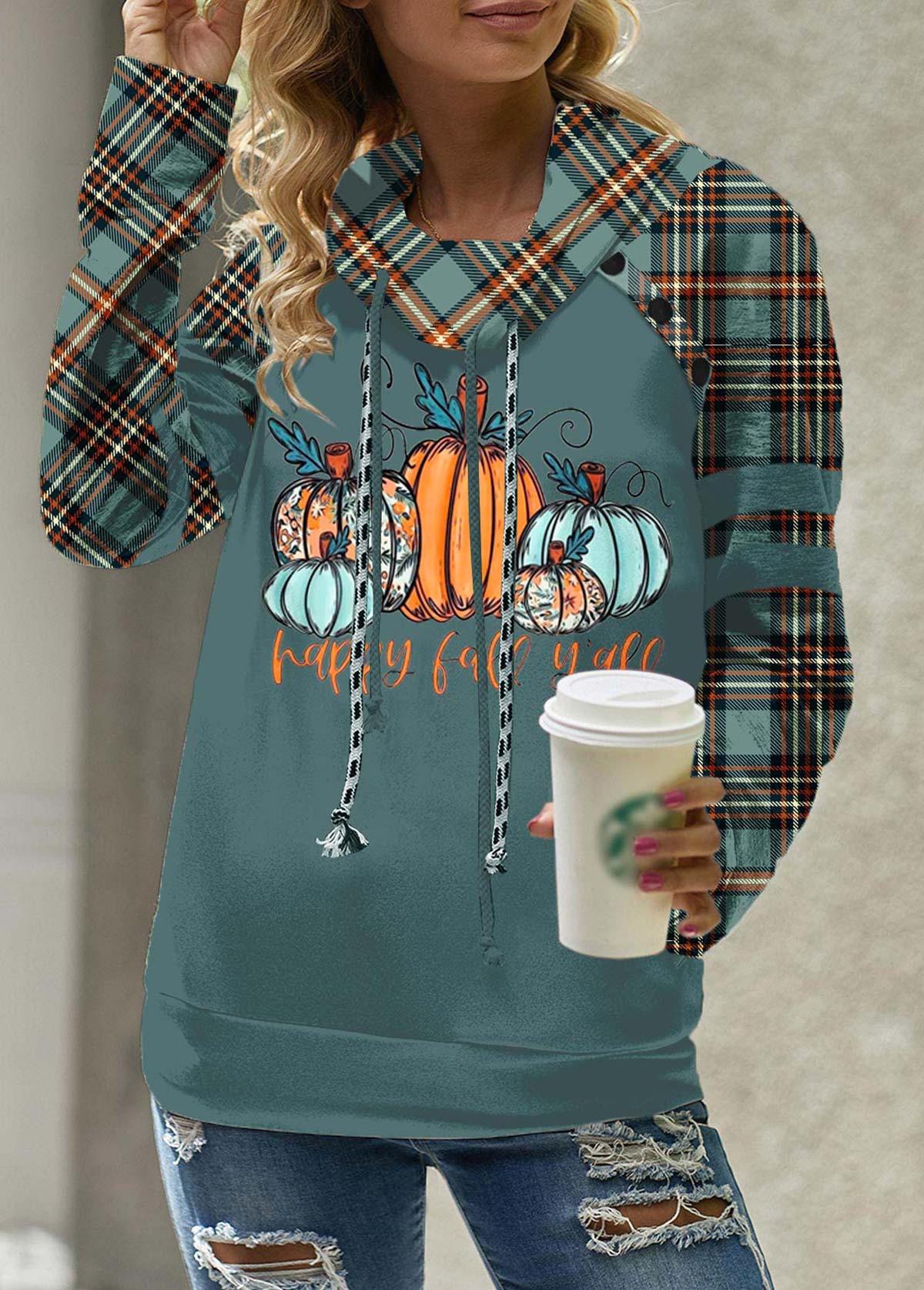 Turquoise Patchwork Plaid Long Sleeve Cowl Neck Sweatshirt
