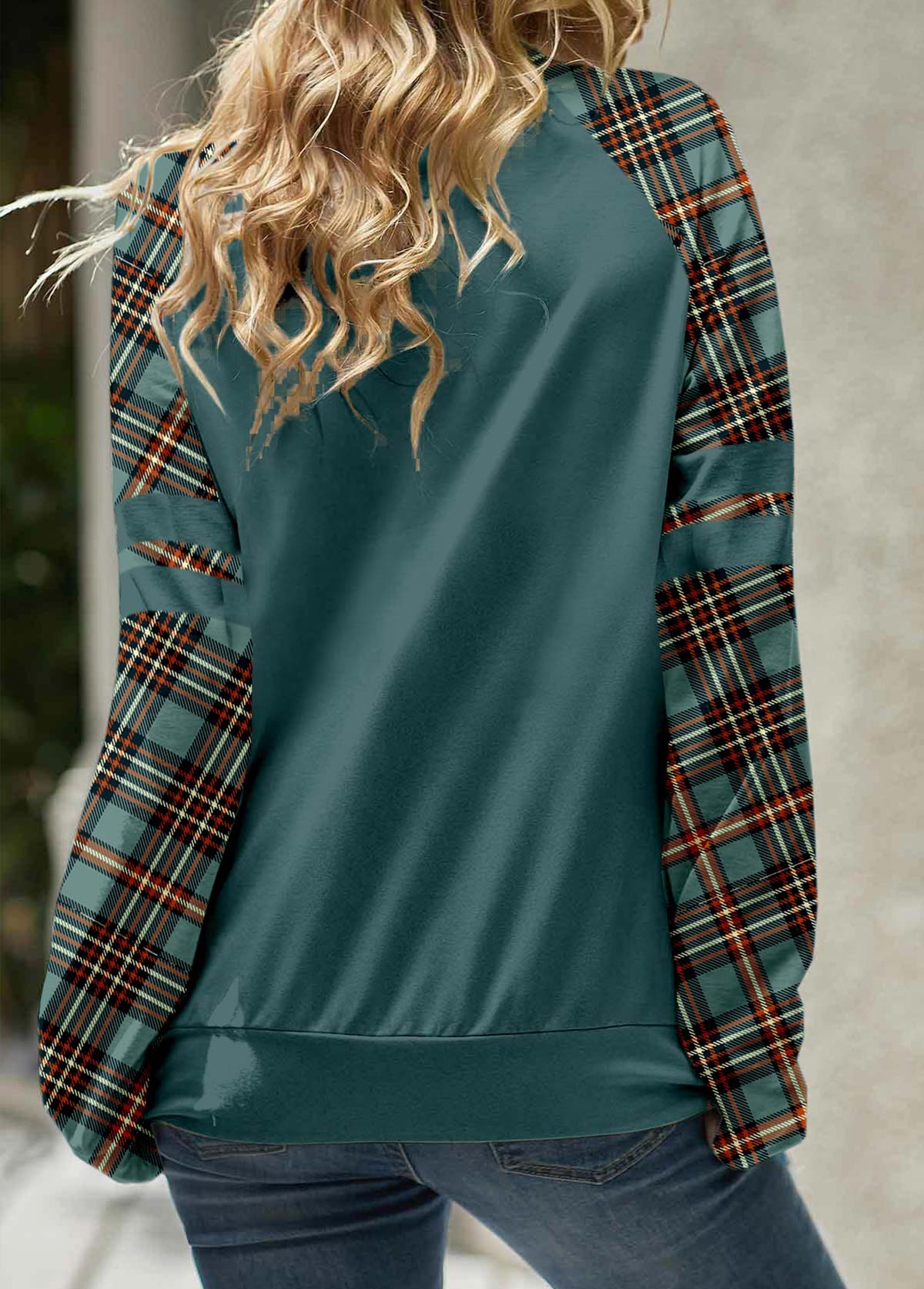 Plus Size Turquoise Patchwork Plaid Long Sleeve Sweatshirt