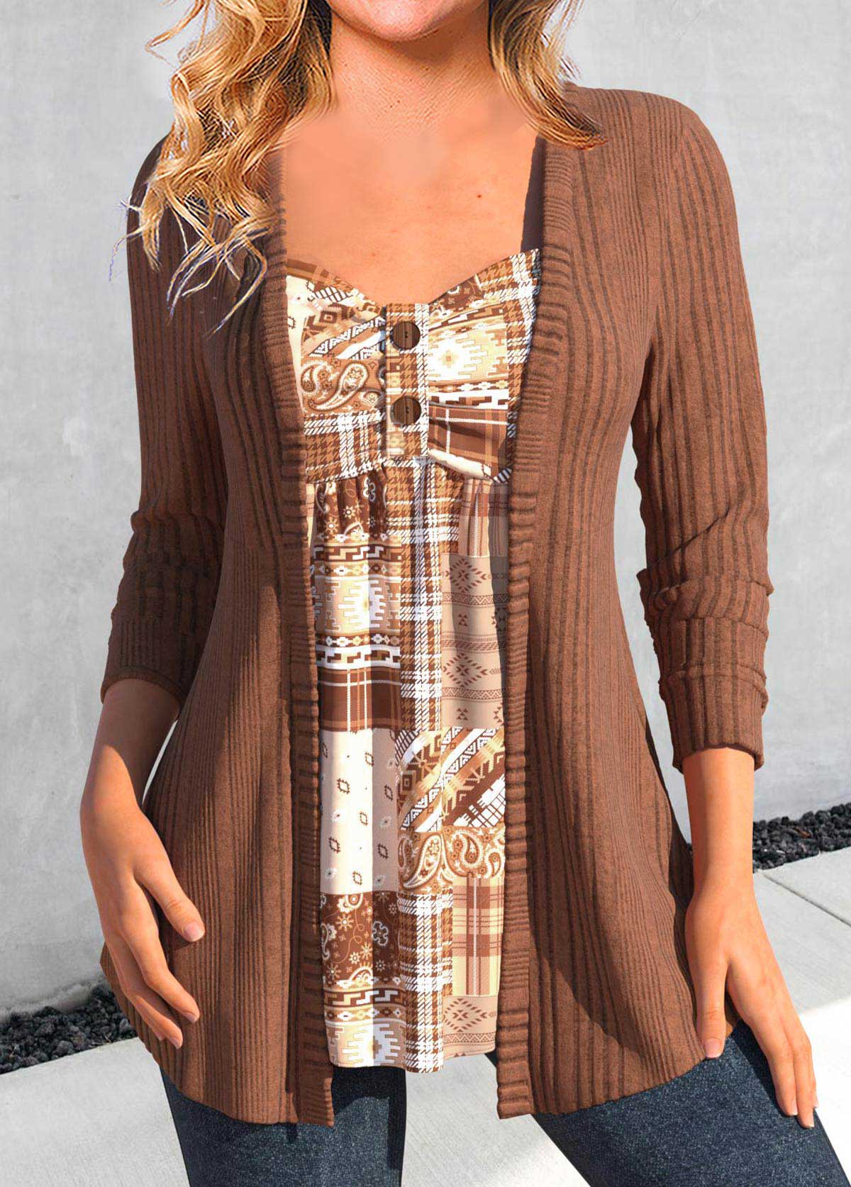 Dark Coffee Button Geometric Print T Shirt | picture 