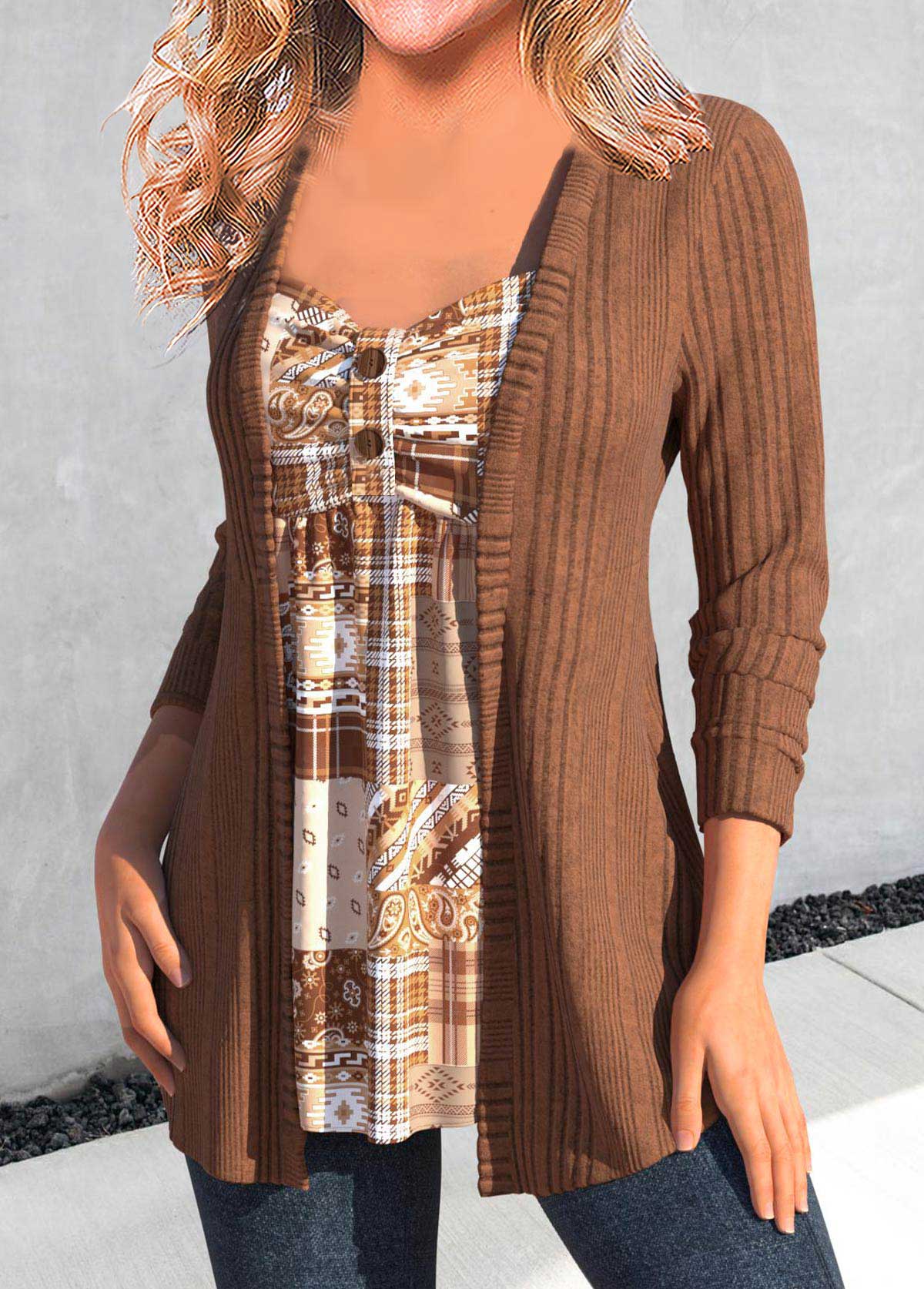 Dark Coffee Button Geometric Print T Shirt | picture 