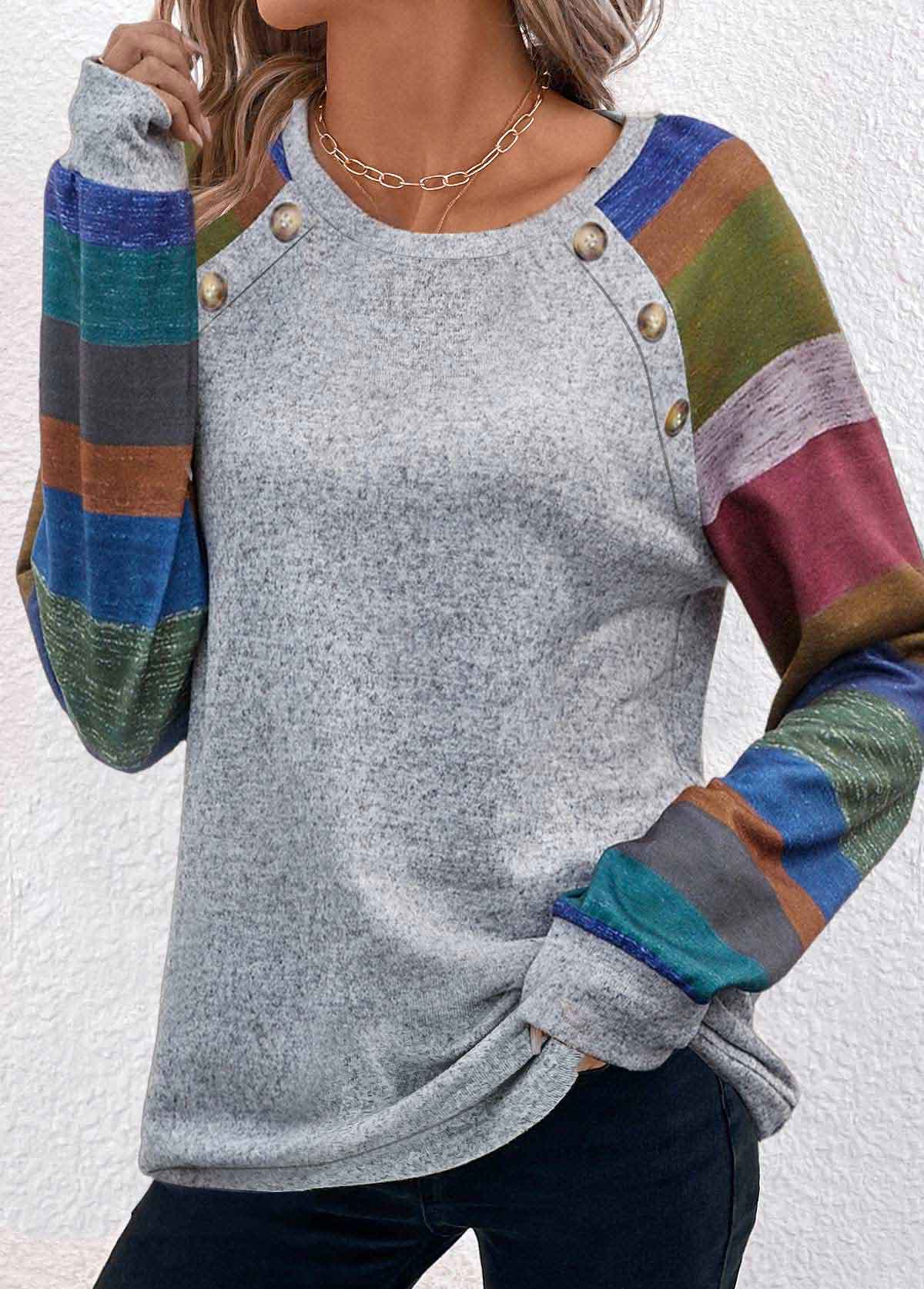 Light Grey Marl Button Striped T Shirt | picture 