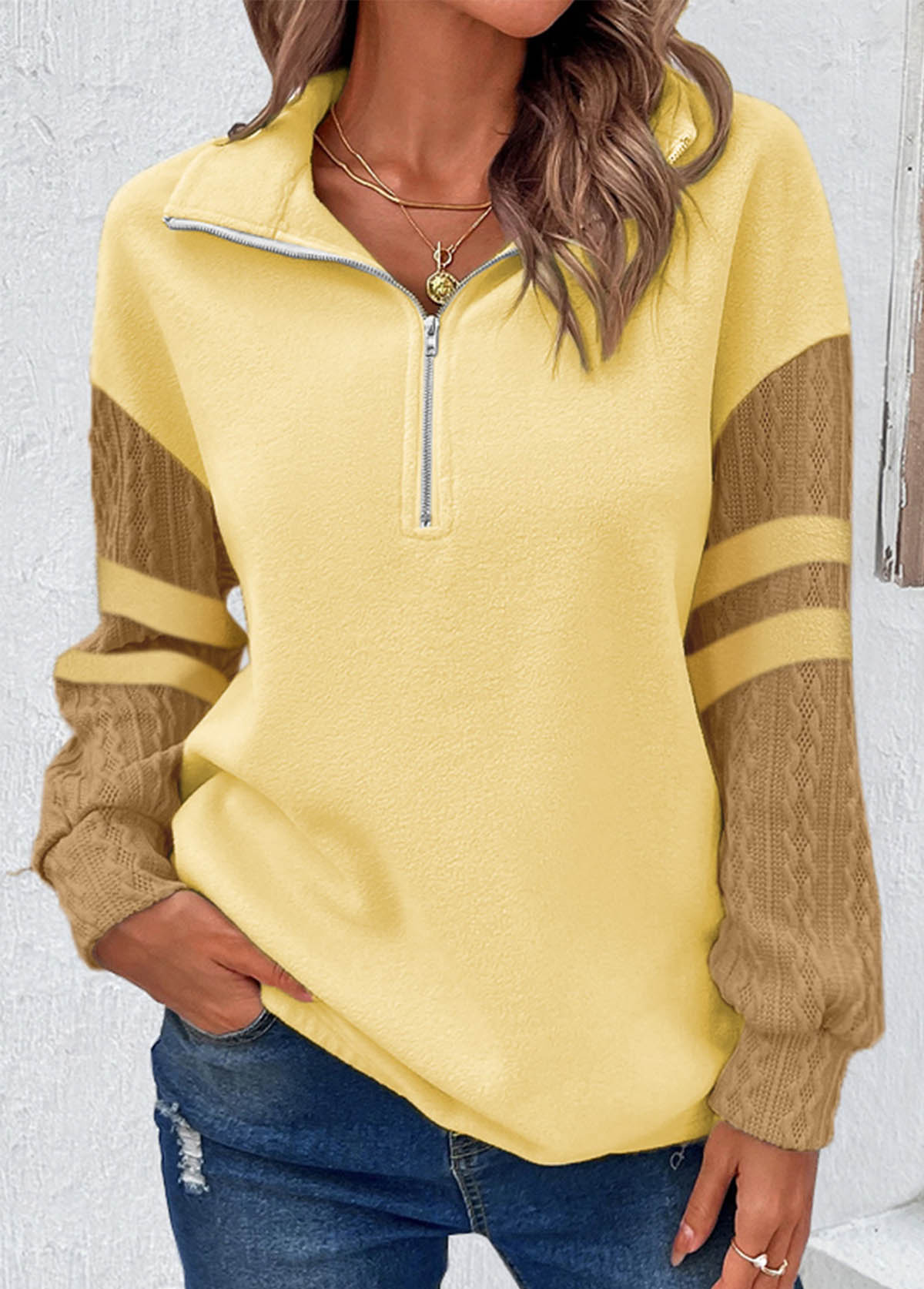 Modlily Light Yellow Zipper Long Sleeve Sweatshirt - XXL
