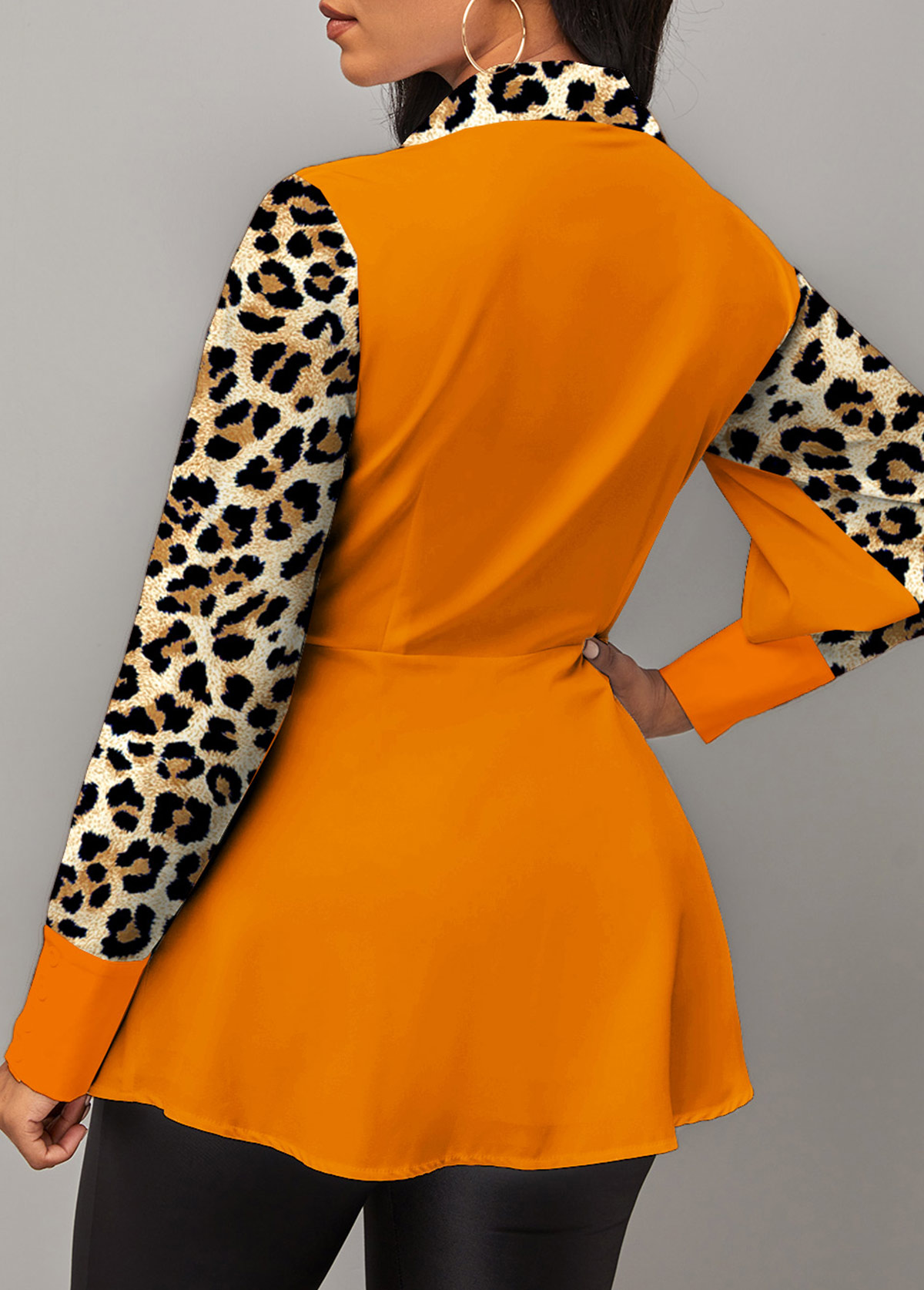 Orange Patchwork Leopard Long Sleeve Shirt Collar Blouse