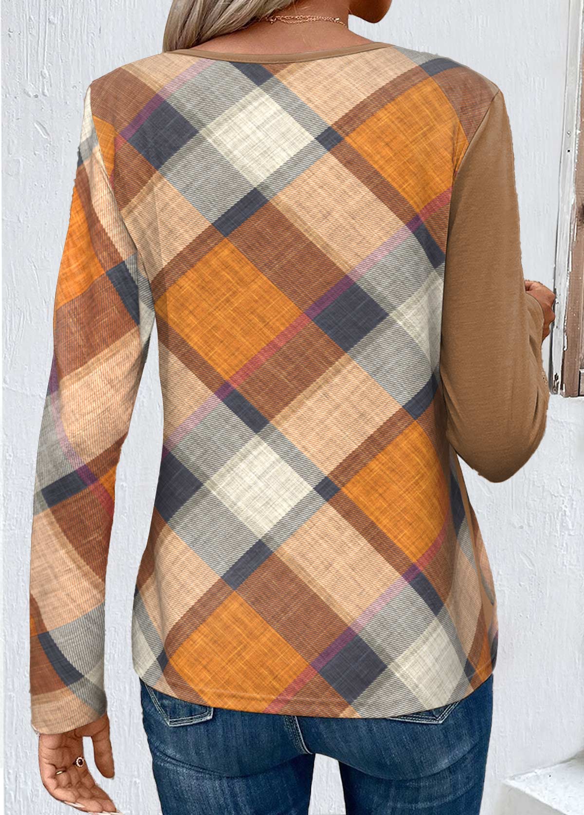 Dark Coffee Layered Plaid Long Sleeve T Shirt | picture 