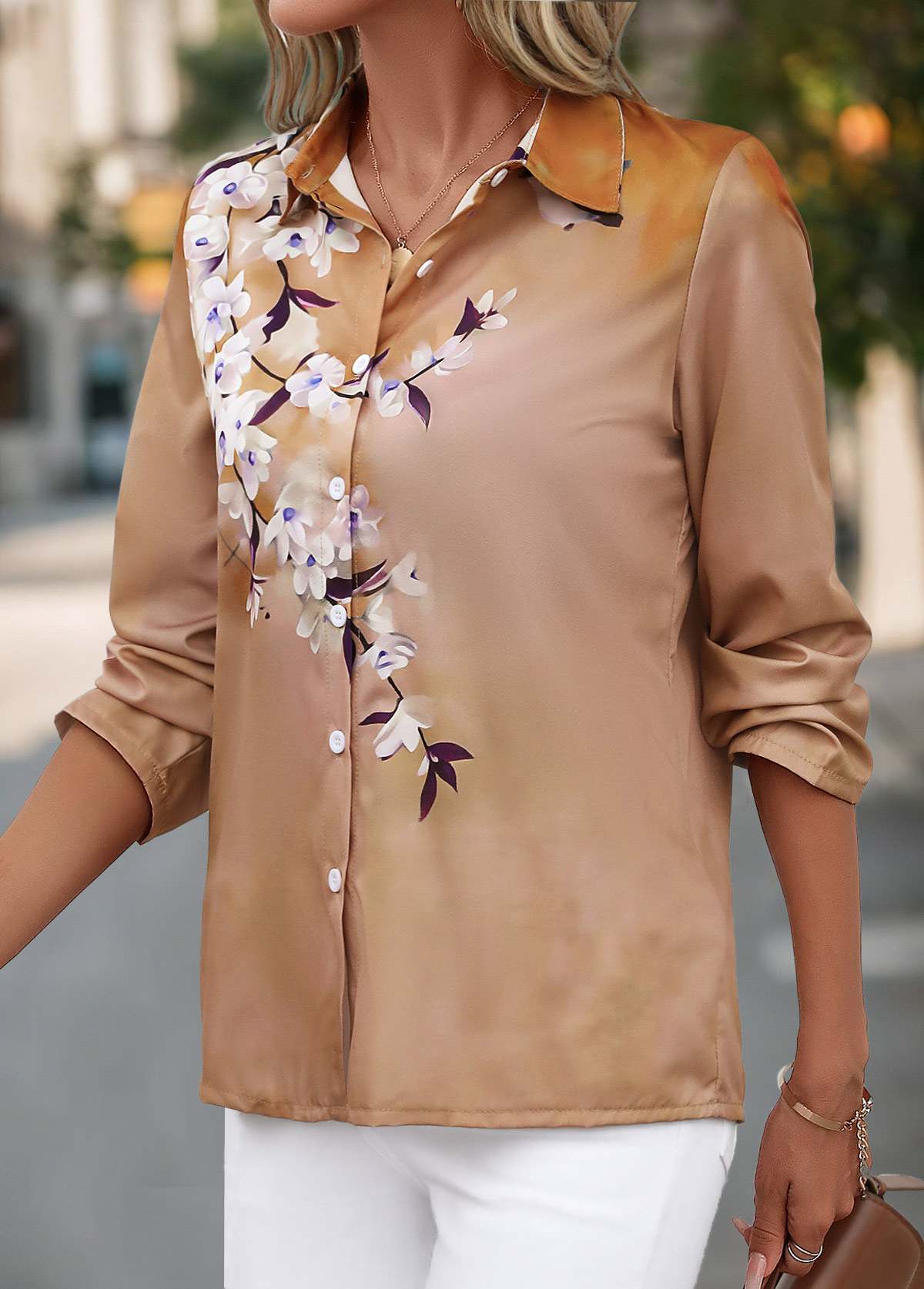 Light Coffee Button Floral Print Long Sleeve Blouse