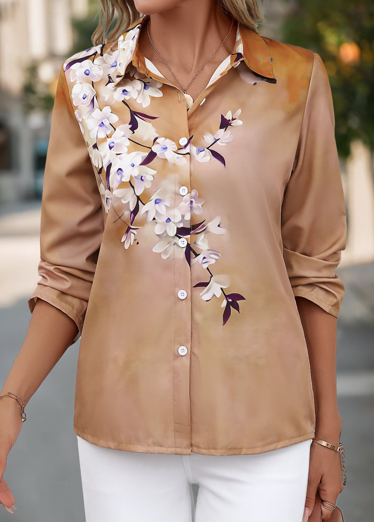 Light Coffee Button Floral Print Long Sleeve Blouse