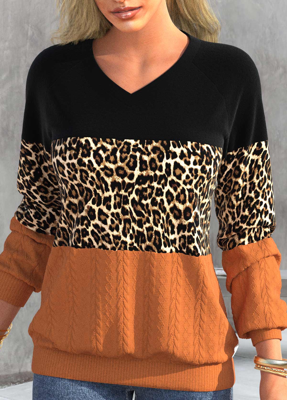 Black Patchwork Leopard Long Sleeve V Neck Sweatshirt