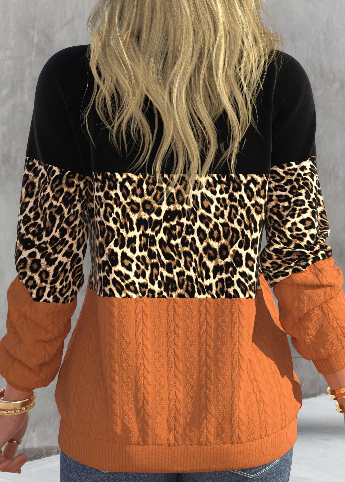 Black Patchwork Leopard Long Sleeve V Neck Sweatshirt