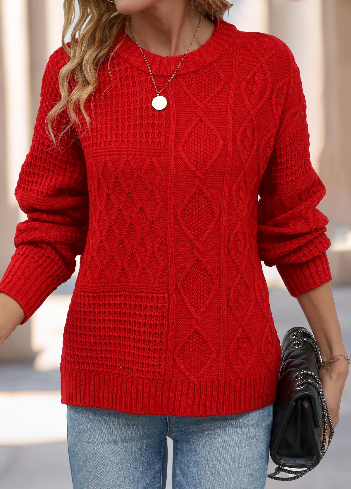 Red Weave Long Sleeve Round Neck Sweater