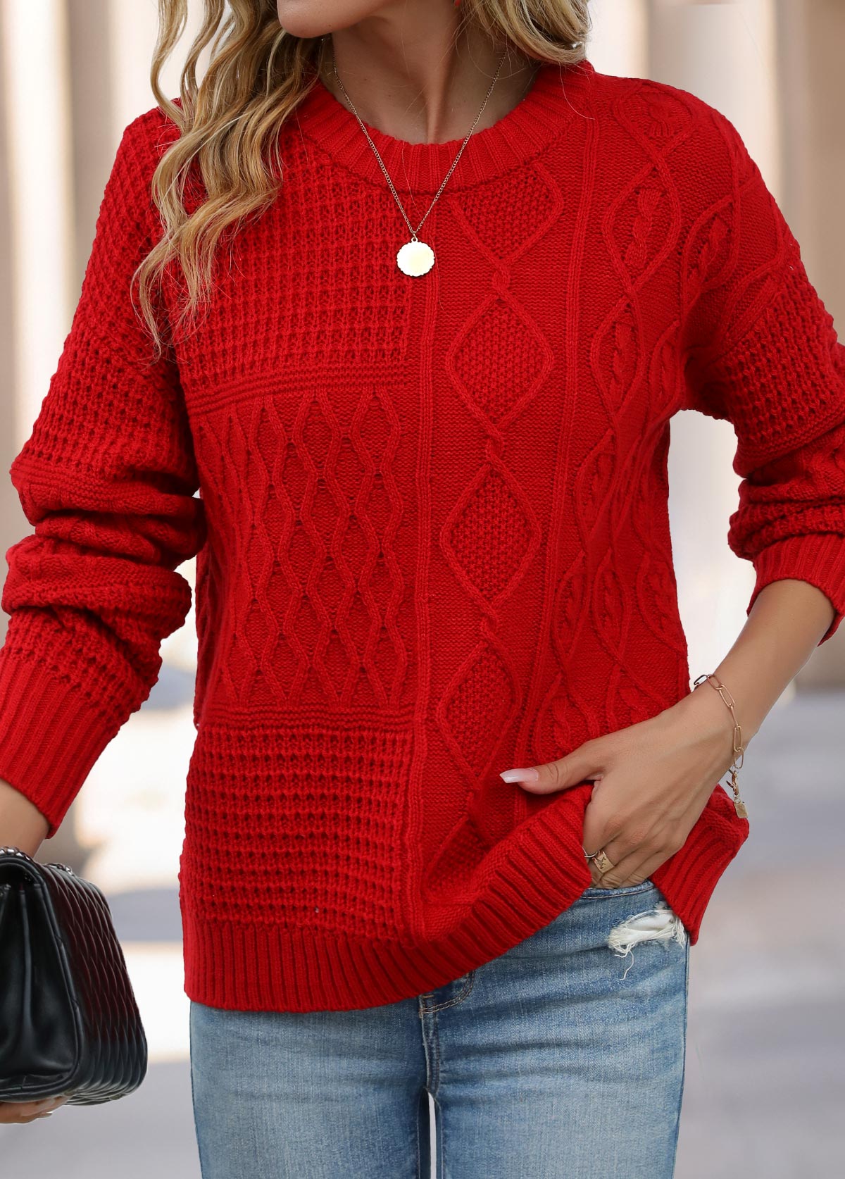 Red Weave Long Sleeve Round Neck Sweater