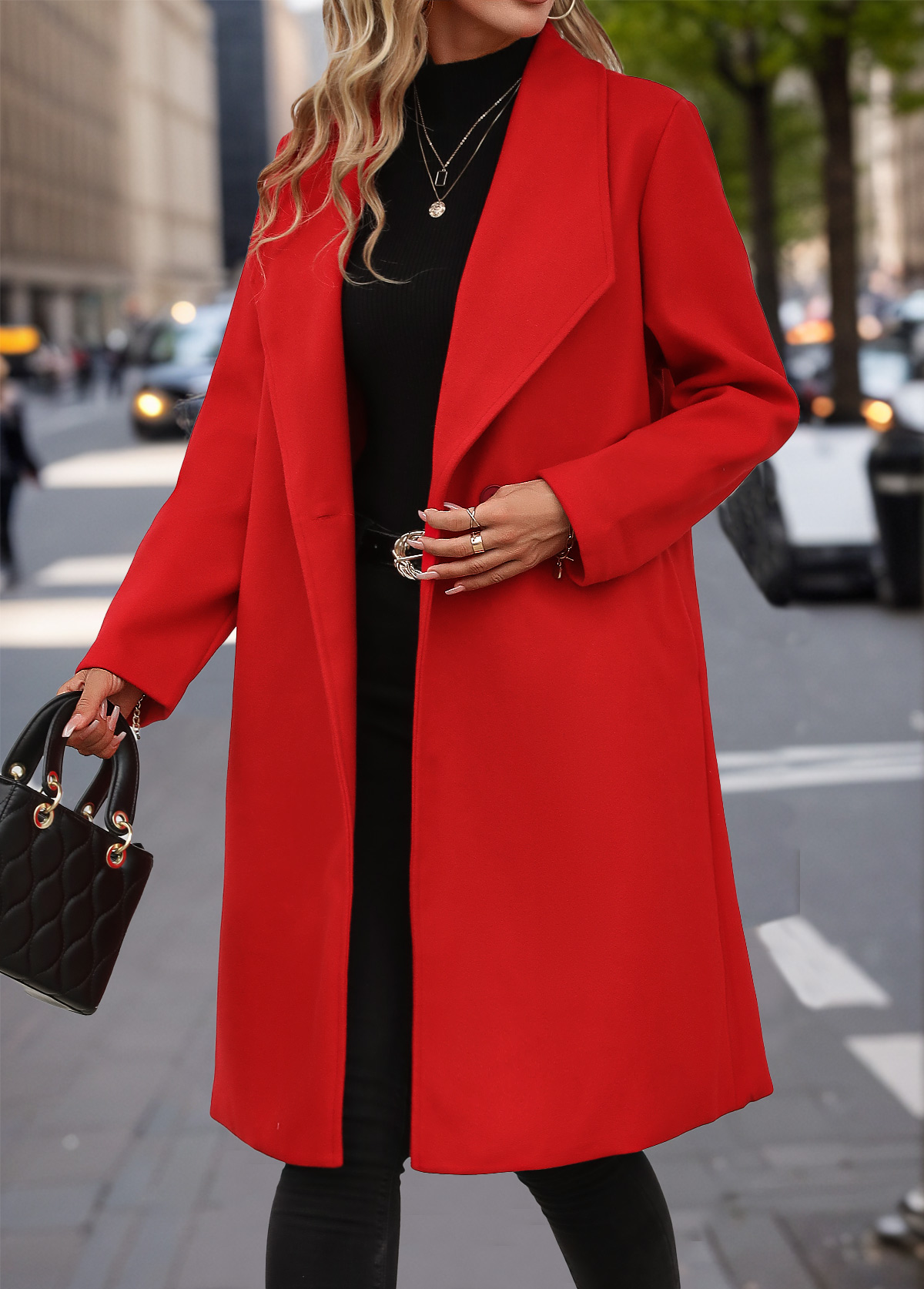 Red Button Long Sleeve Lapel Coat