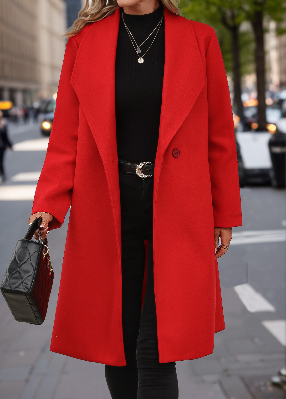Red Button Long Sleeve Lapel Coat