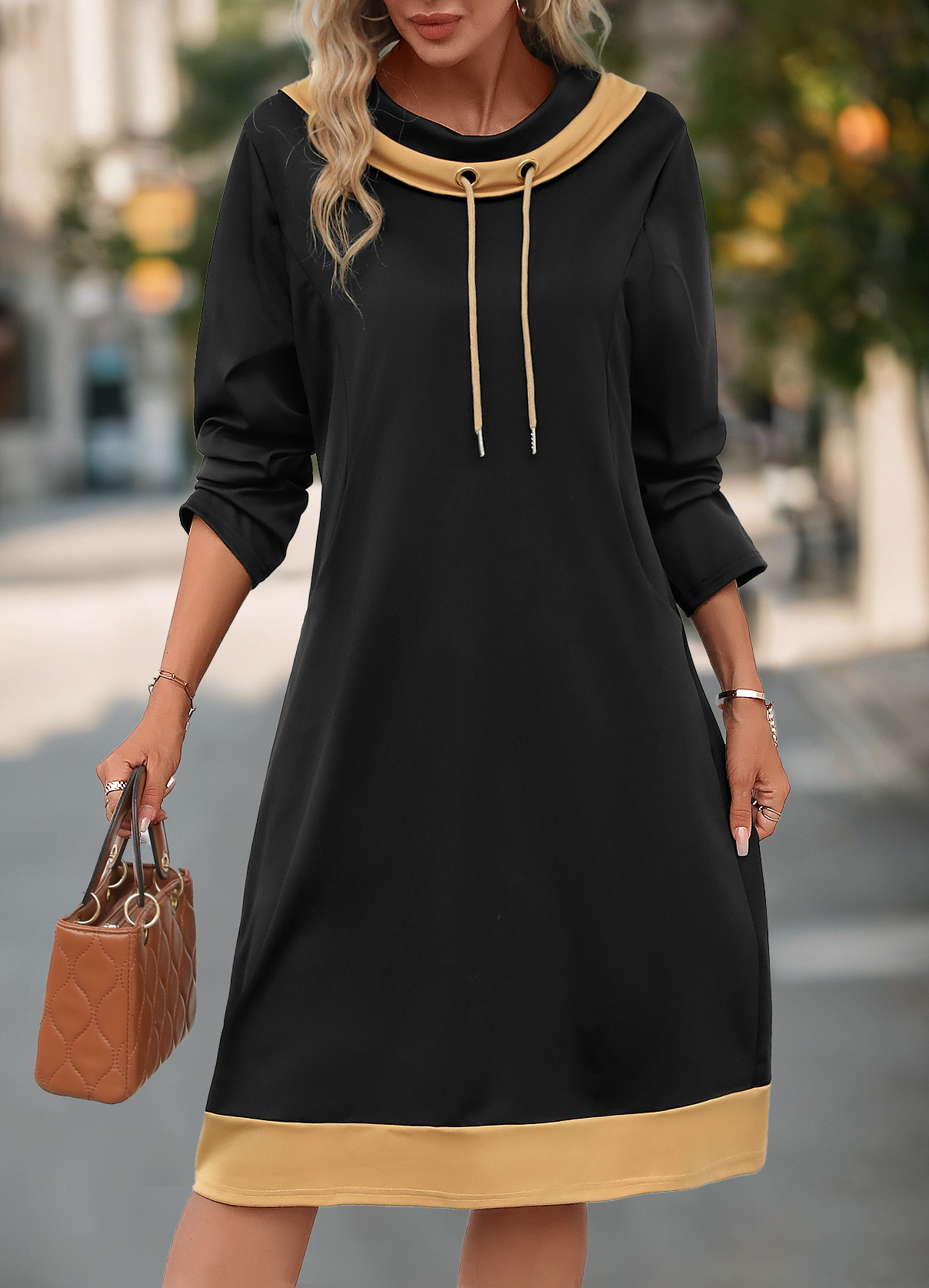 Black Pocket Long Sleeve Cowl Neck Shift Dress