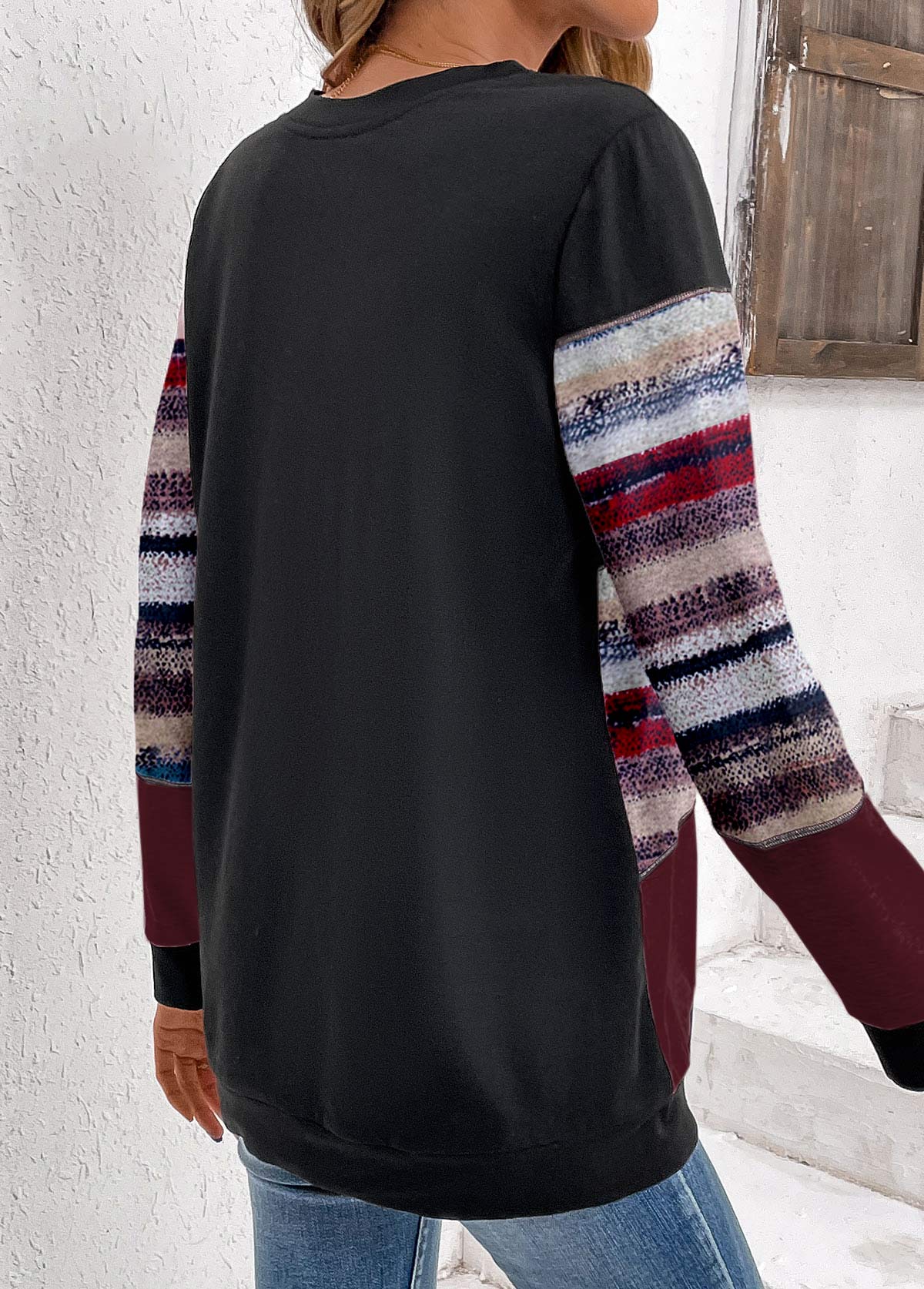 Black Patchwork Geometric Print Long Sleeve Sweatshirt