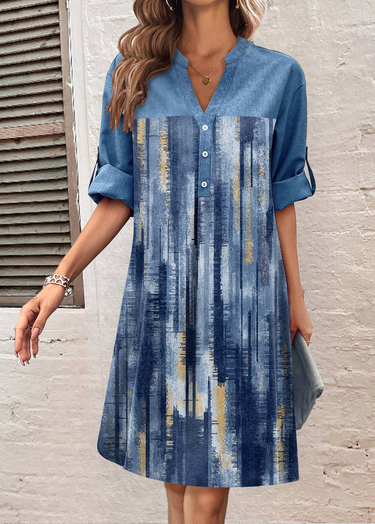 Denim Blue Button Denim-effect Print Dress