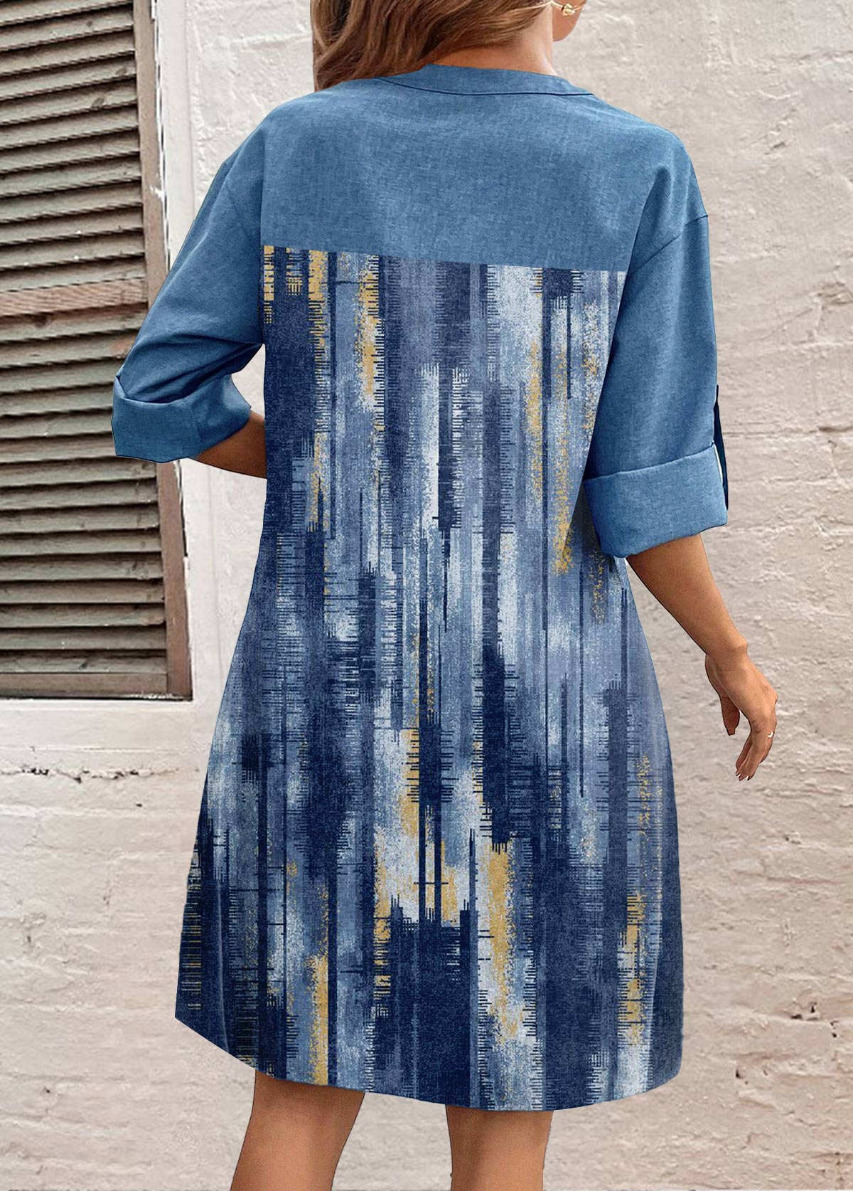 Denim Blue Button Denim-effect Print Dress | modlily.com - USD 32.98