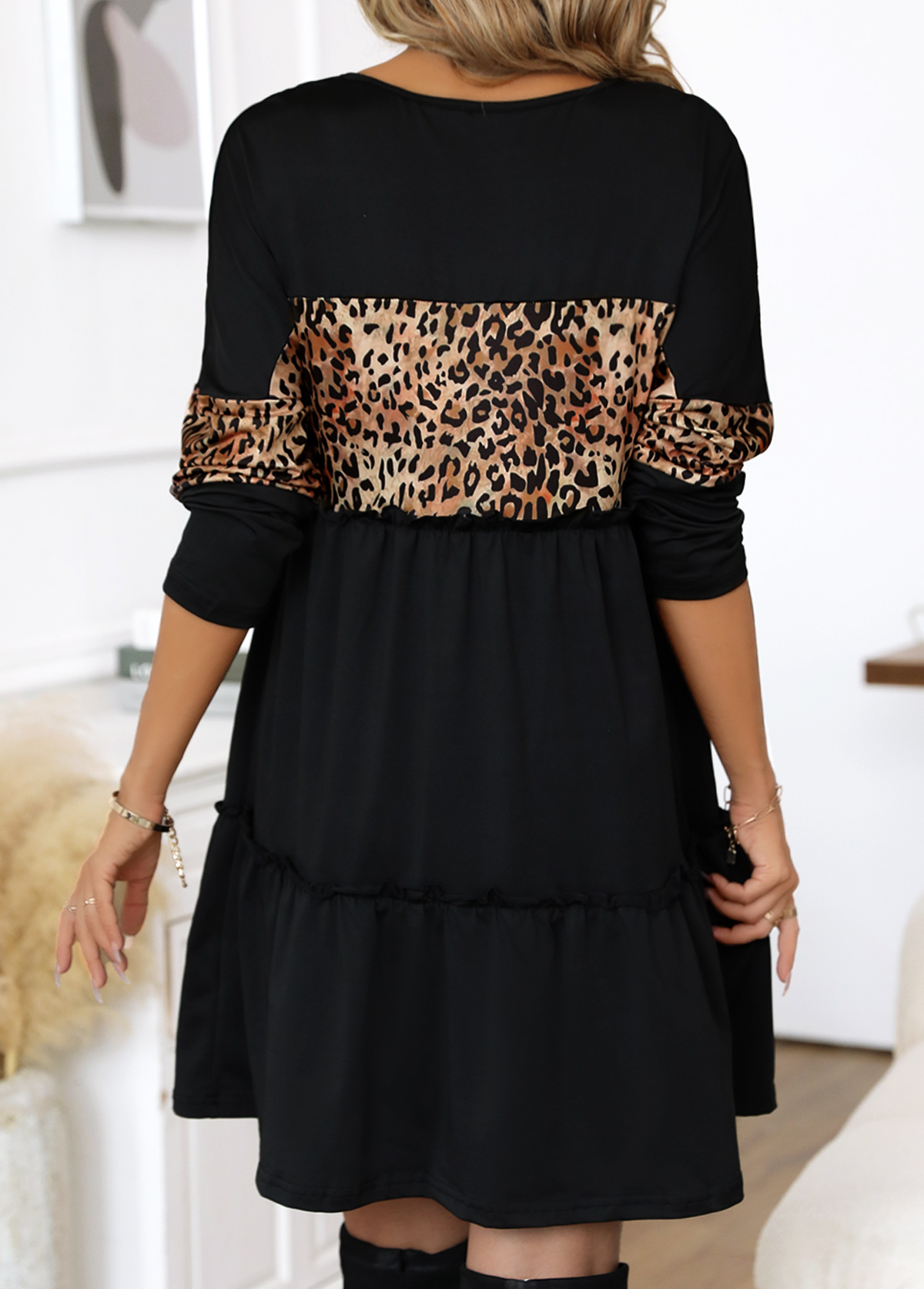 Black Patchwork Leopard Short Long Sleeve Shift Dress