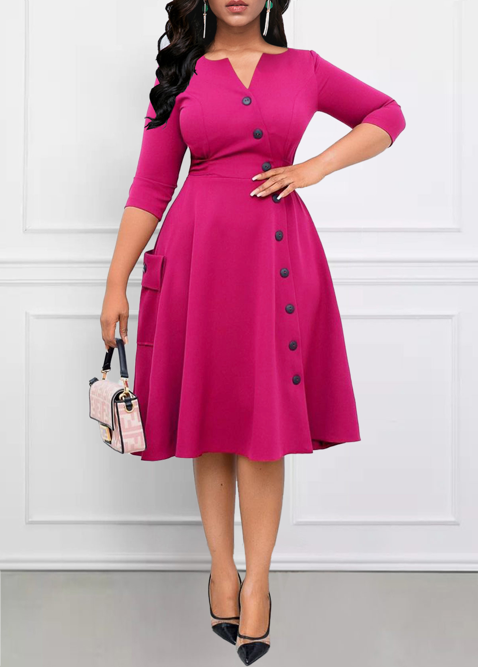 Hot Pink Breathable Three Quarter Length Sleeve Dress