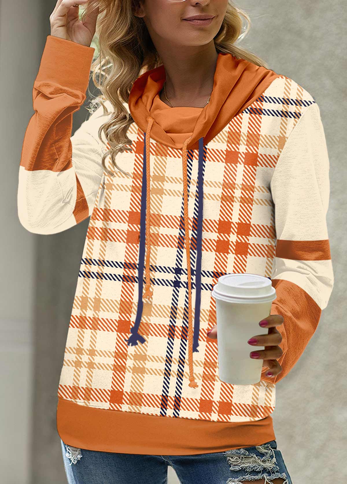 Orange Patchwork Plaid Long Sleeve Cowl Neck Sweatshirt