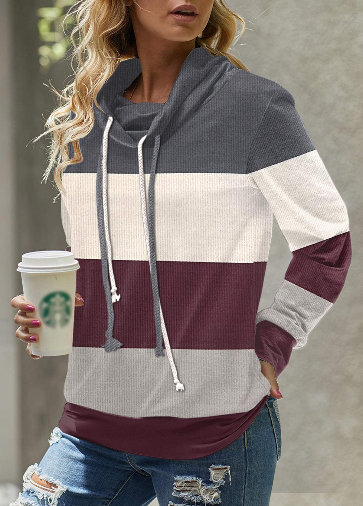 Multi Color Patchwork Long Sleeve Cowl Neck Sweatshirt