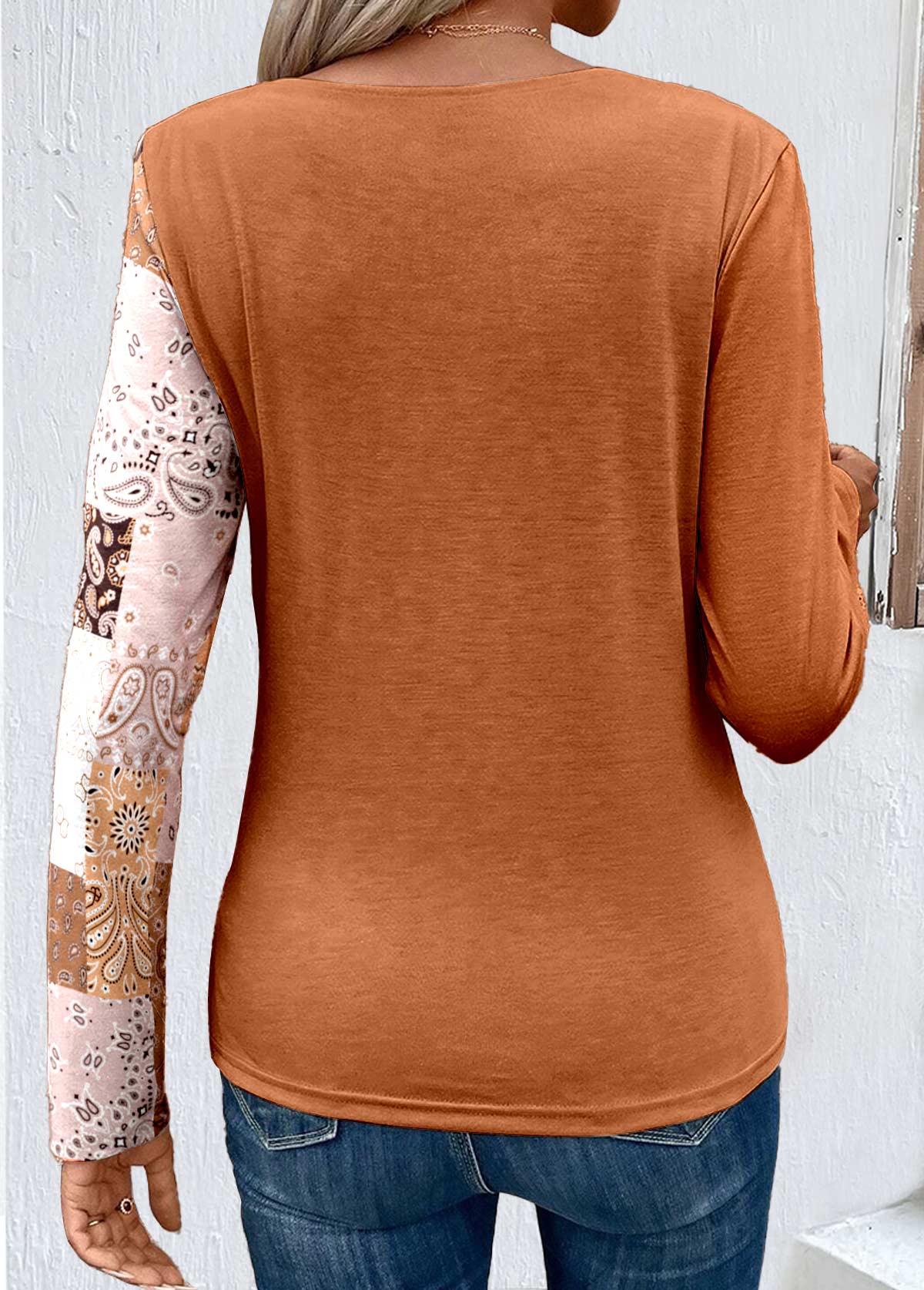 Orange Asymmetry Patchwork Long Sleeve T Shirt