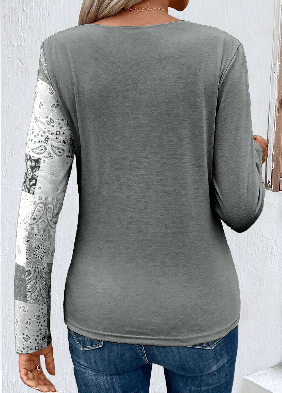 Grey Patchwork Long Sleeve Scoop Neck T Shirt