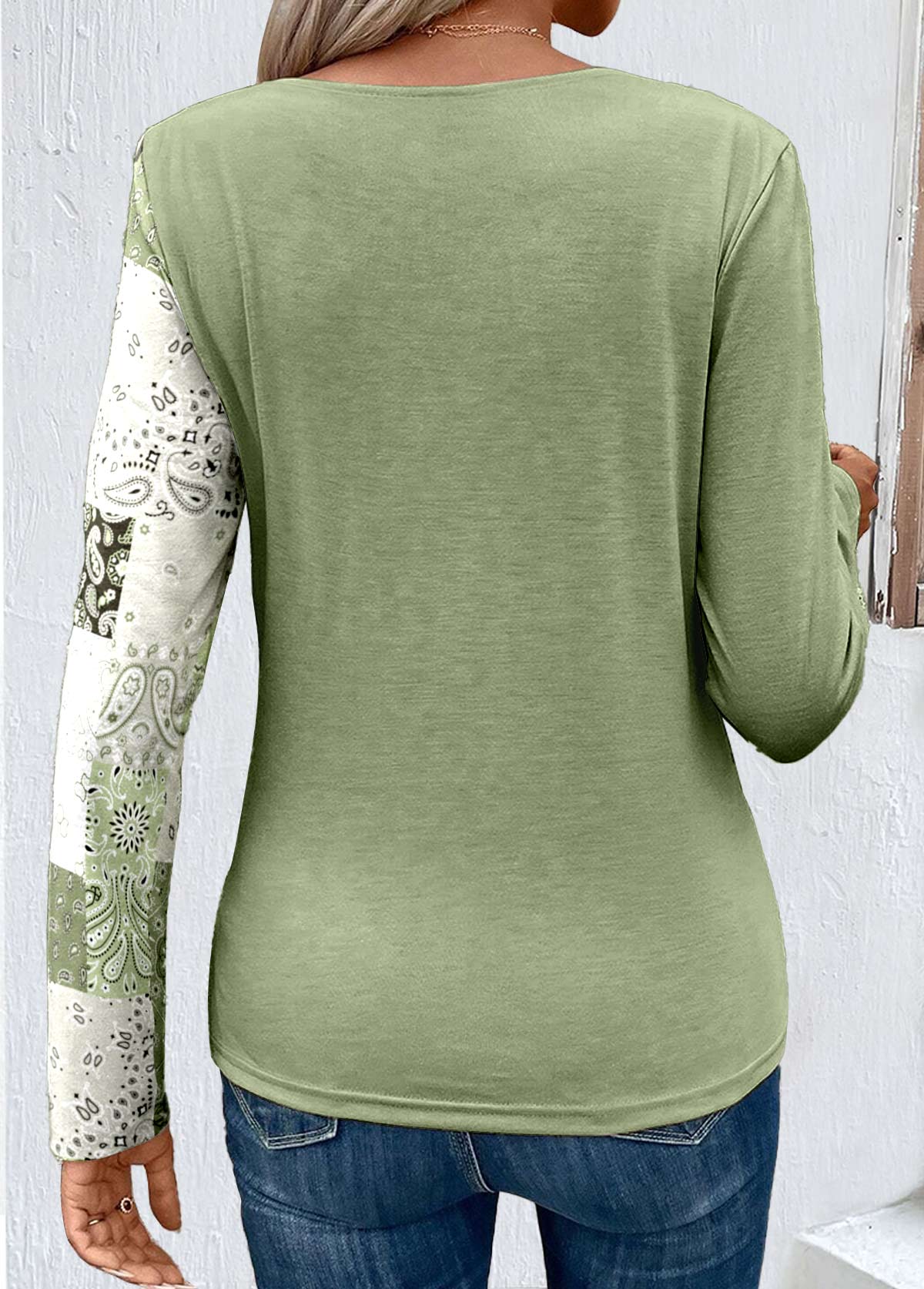 Light Green Asymmetry Patchwork Long Sleeve T Shirt