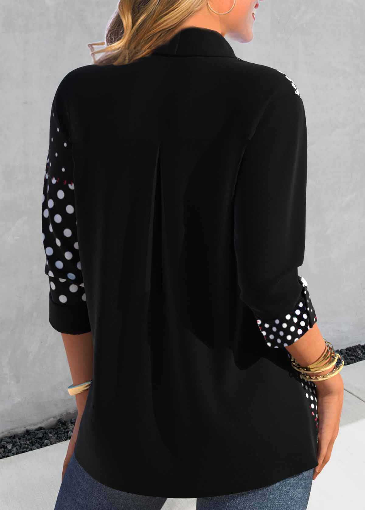 Black Asymmetry Polka Dot Shirt Collar Blouse