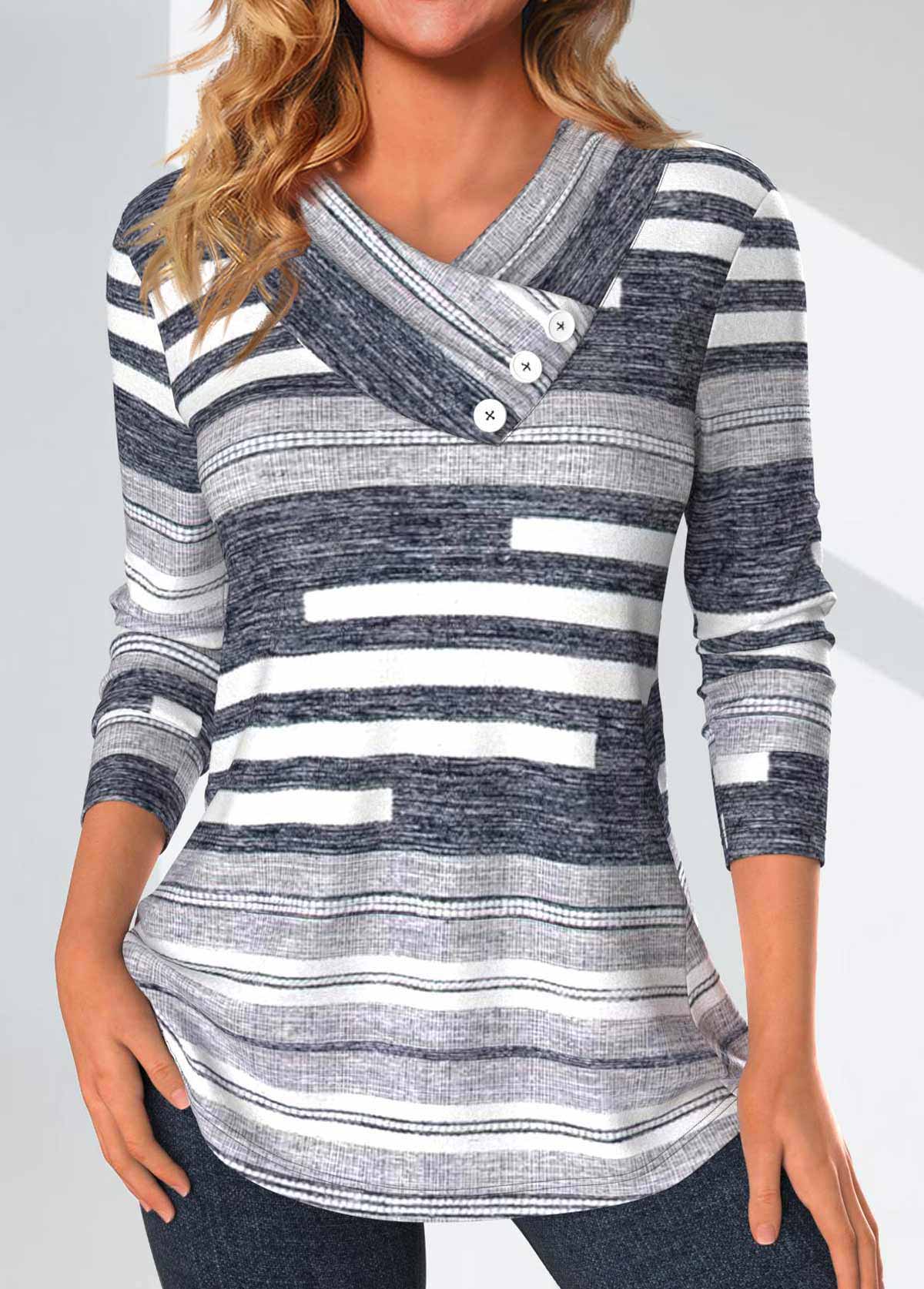 Dark Grey Marl Button Striped Long Sleeve T Shirt | picture 