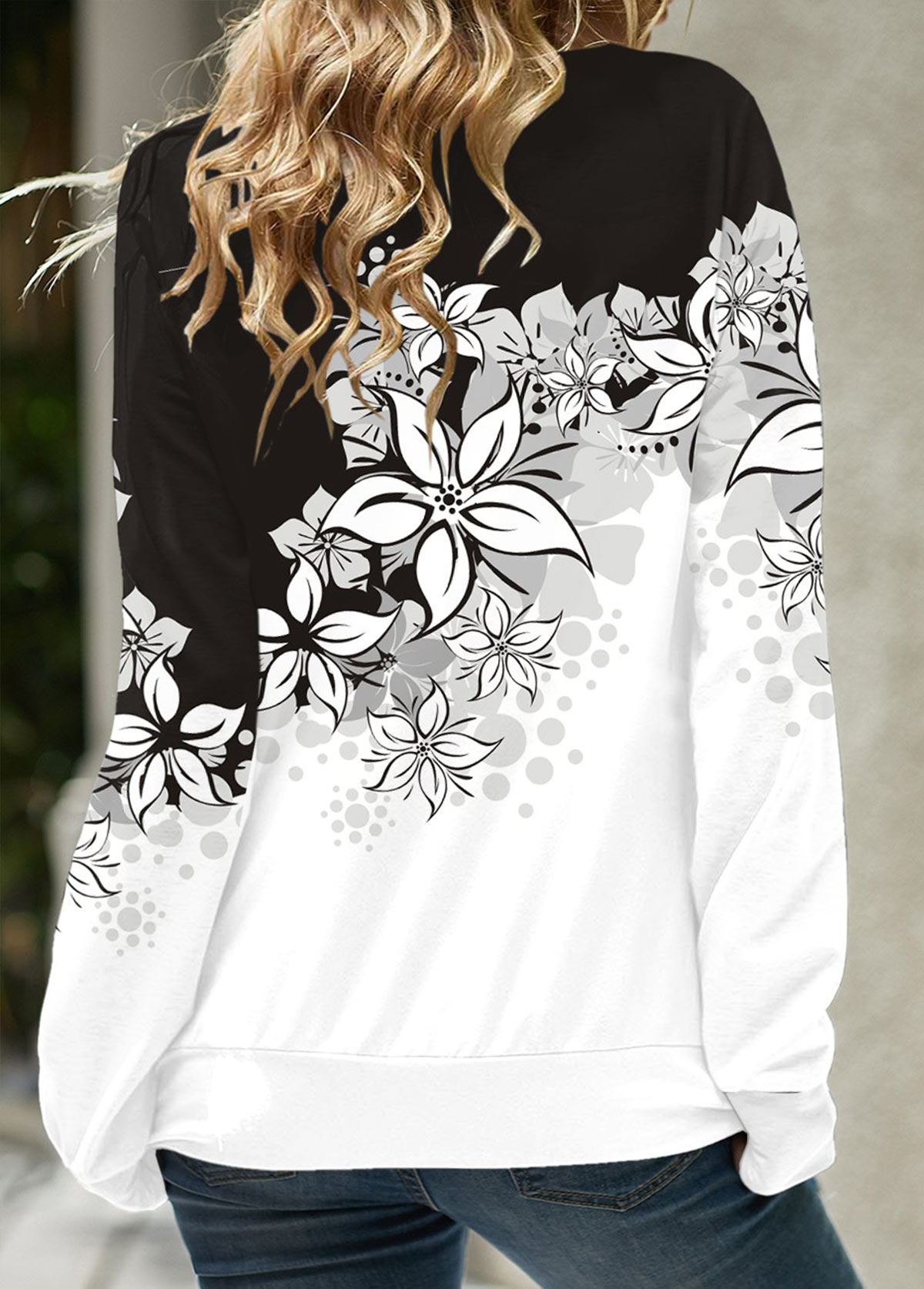 Black Eyelet Floral Print Long Sleeve Cowl Neck Sweatshirt
