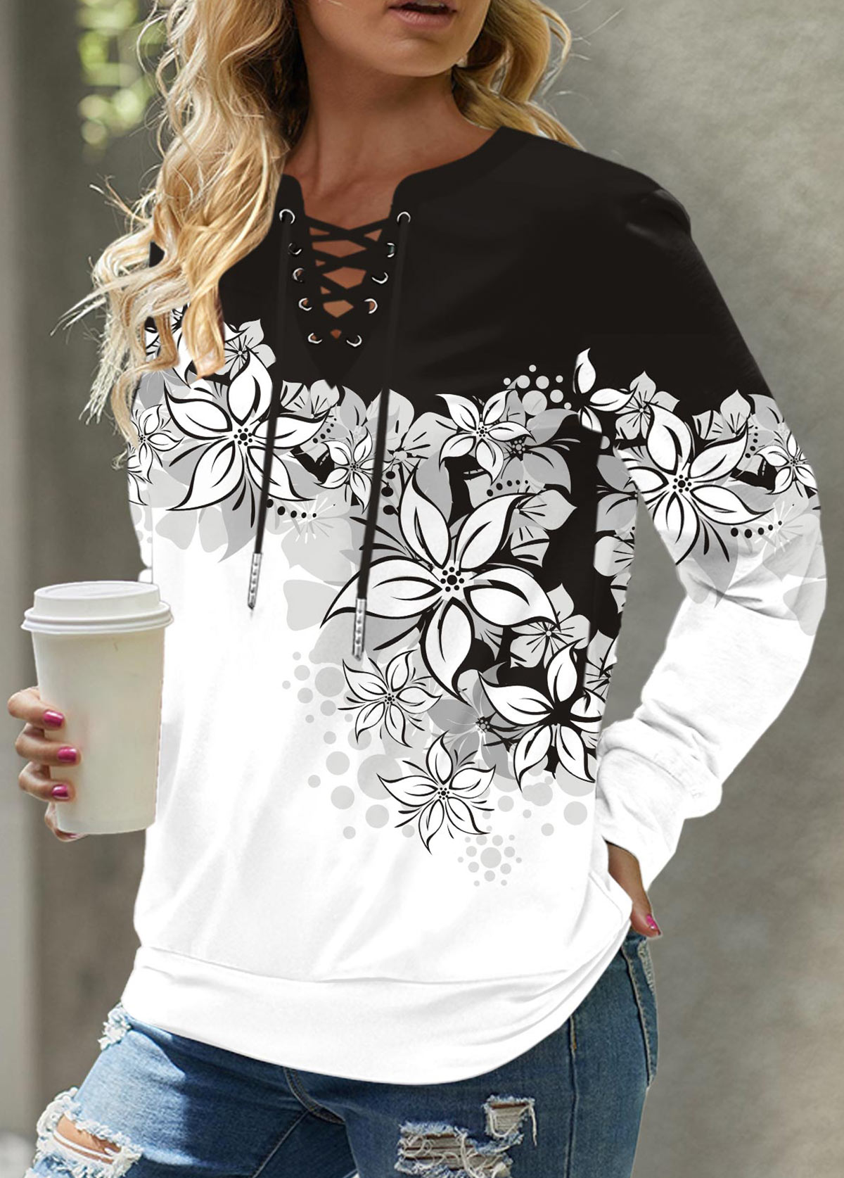 Black Eyelet Floral Print Long Sleeve Cowl Neck Sweatshirt