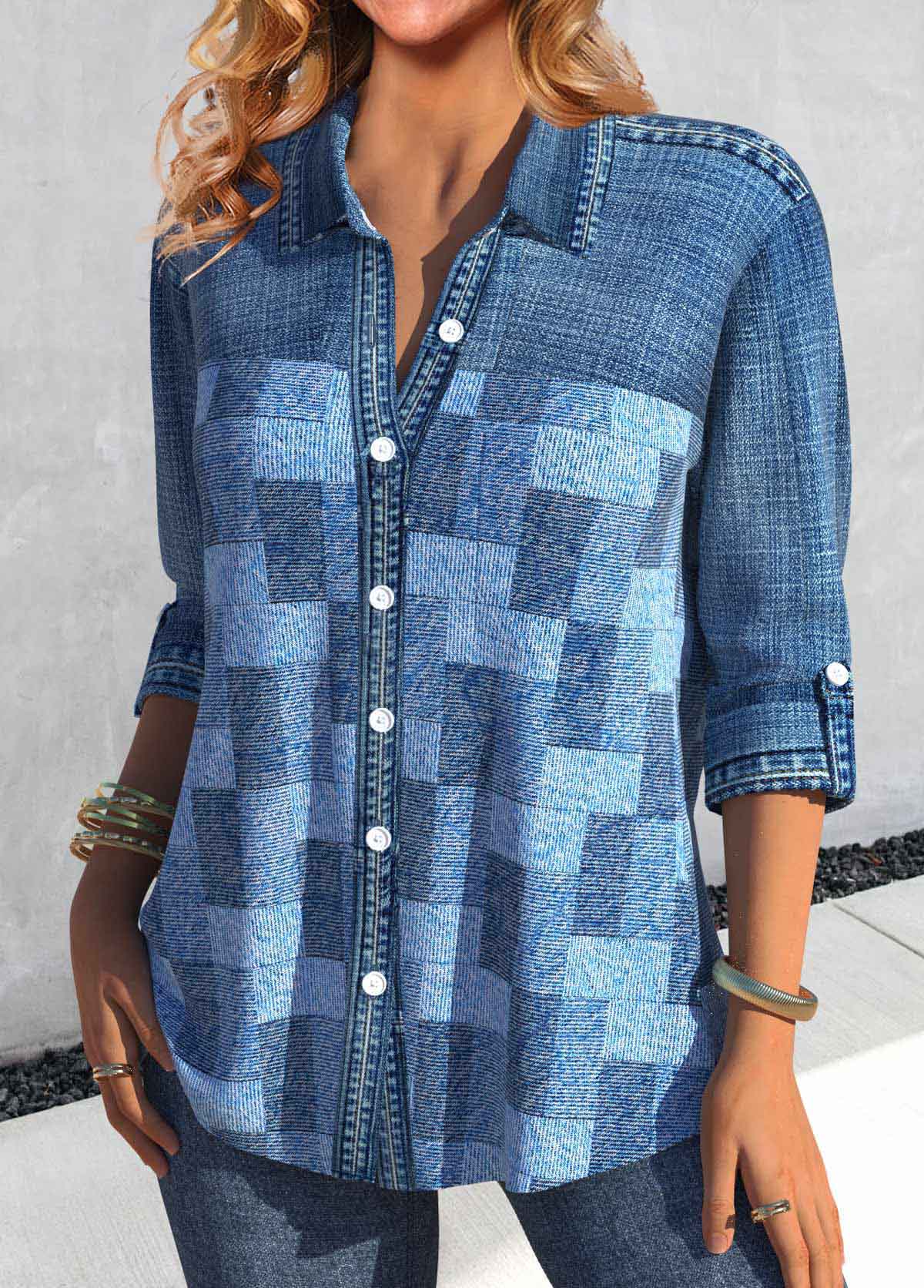 Denim Blue Patchwork Denim-effect Print Long Sleeve Blouse | picture 