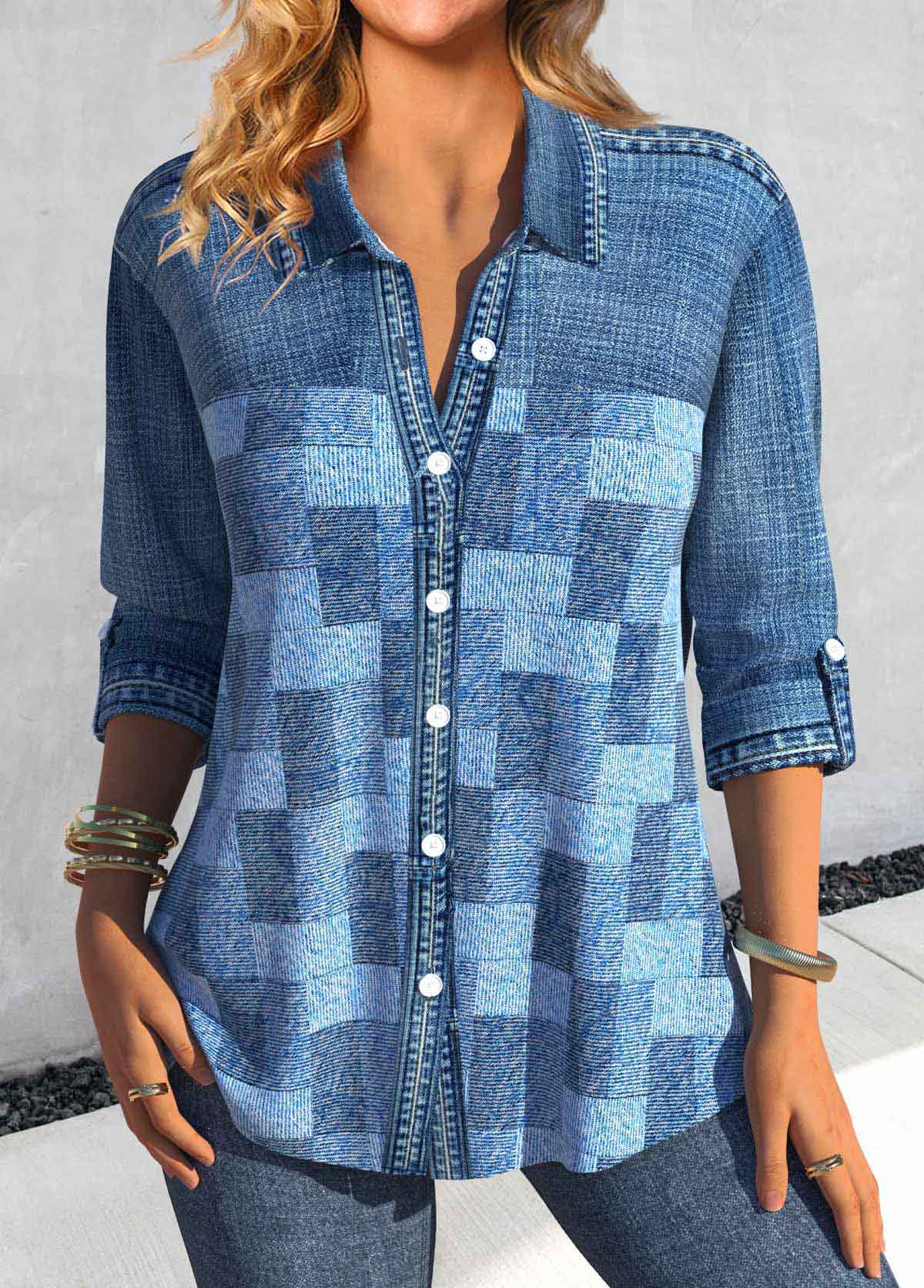 Denim Blue Patchwork Denim-effect Print Long Sleeve Blouse | picture 