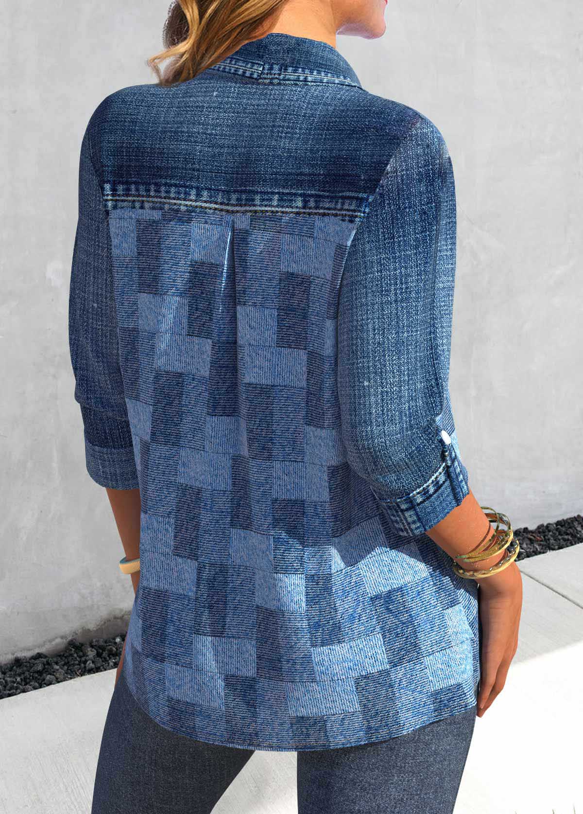 Denim Blue Patchwork Denim-effect Print Long Sleeve Blouse | picture 