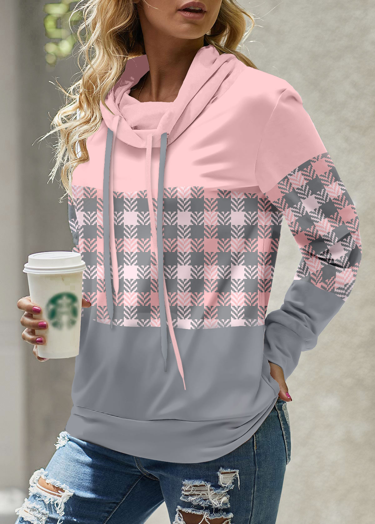 Light Pink Patchwork Plaid Long Sleeve Cowl Neck Sweatshirt
