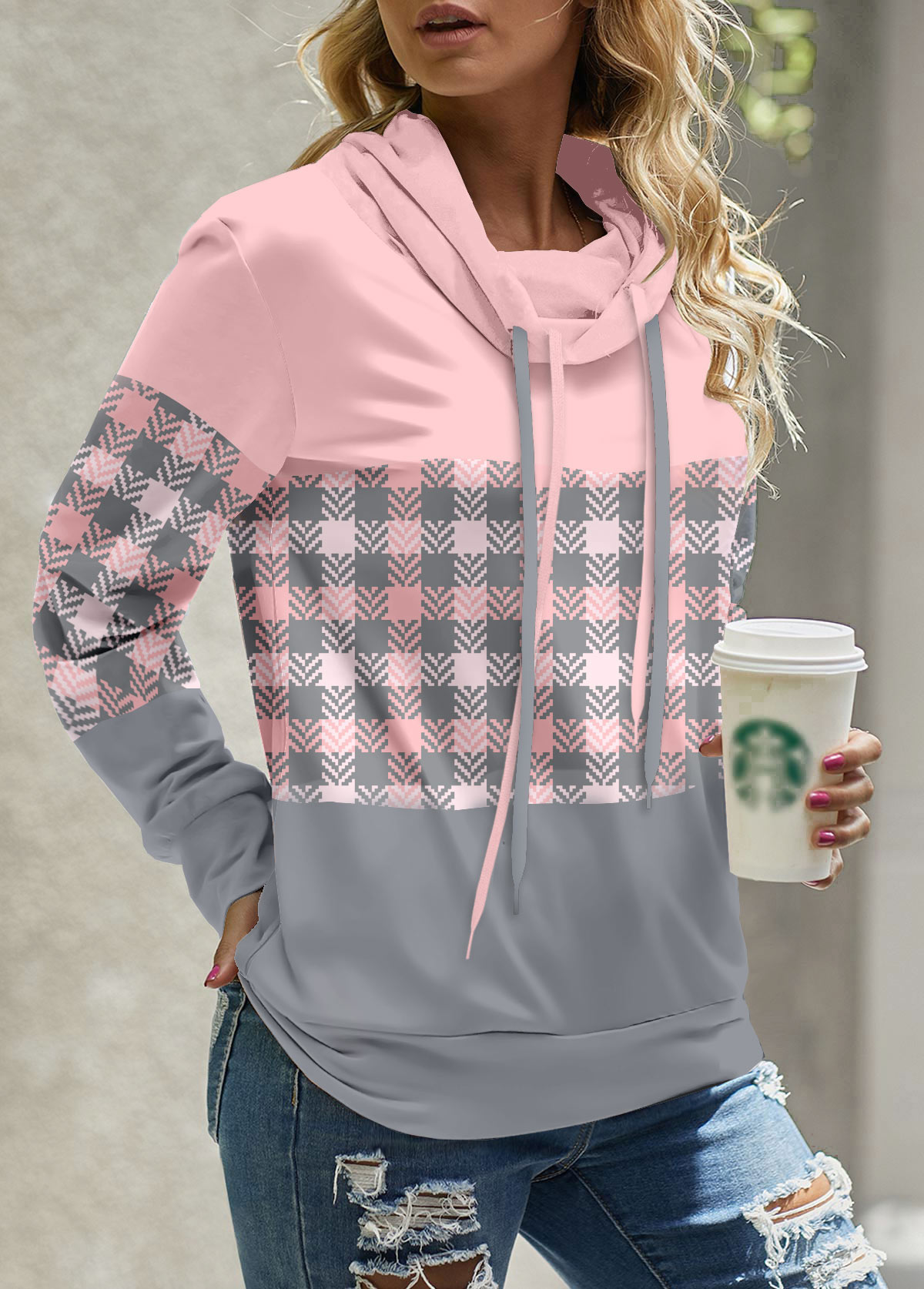 Light Pink Patchwork Plaid Long Sleeve Cowl Neck Sweatshirt