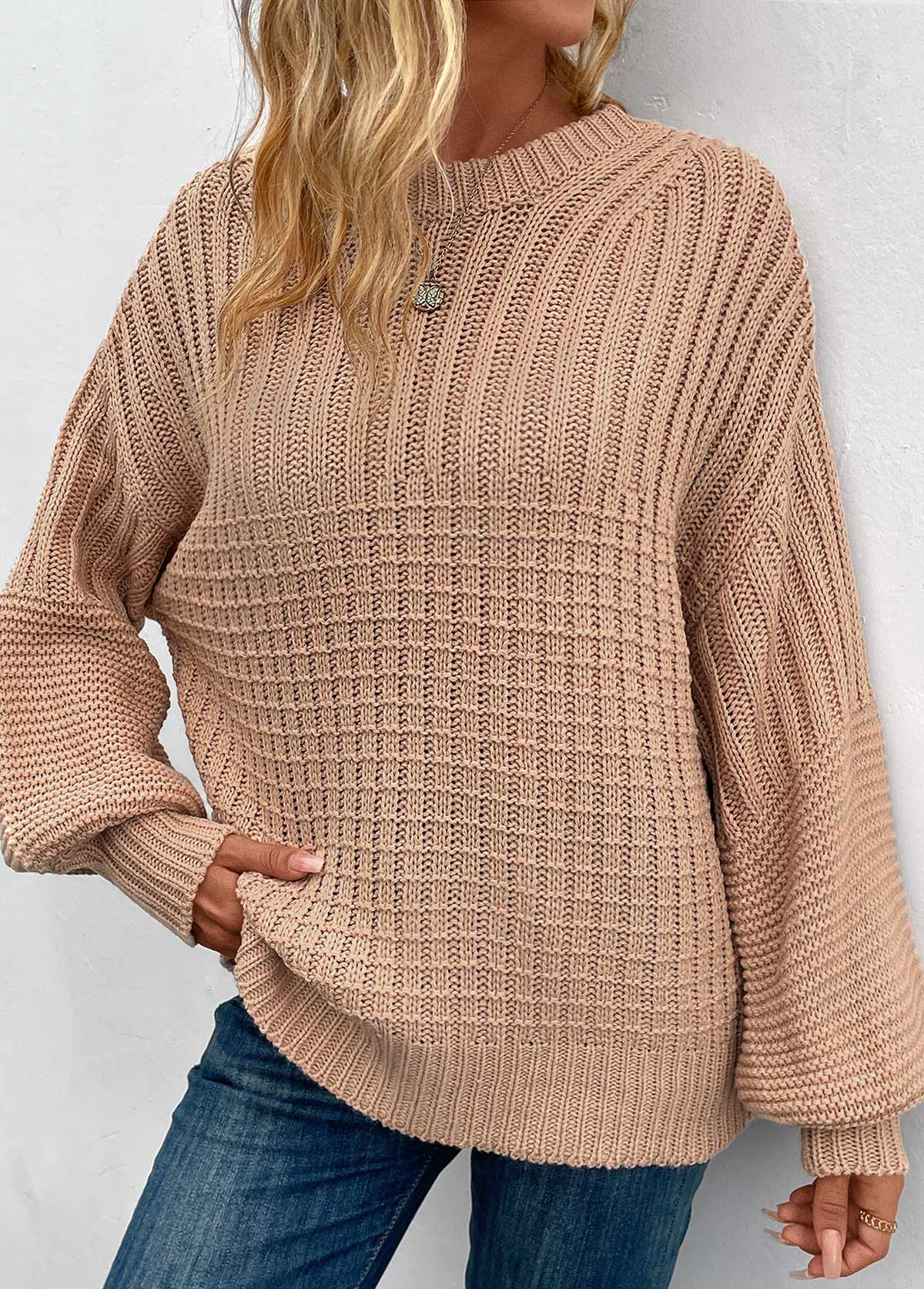 Light Coffee Rib Long Sleeve Round Neck Sweater