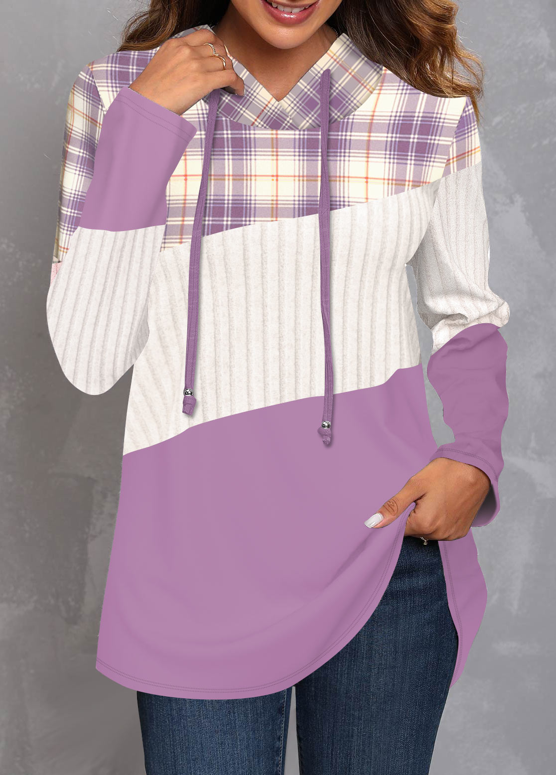 Purple Patchwork Plaid Long Sleeve Hoodie | picture 